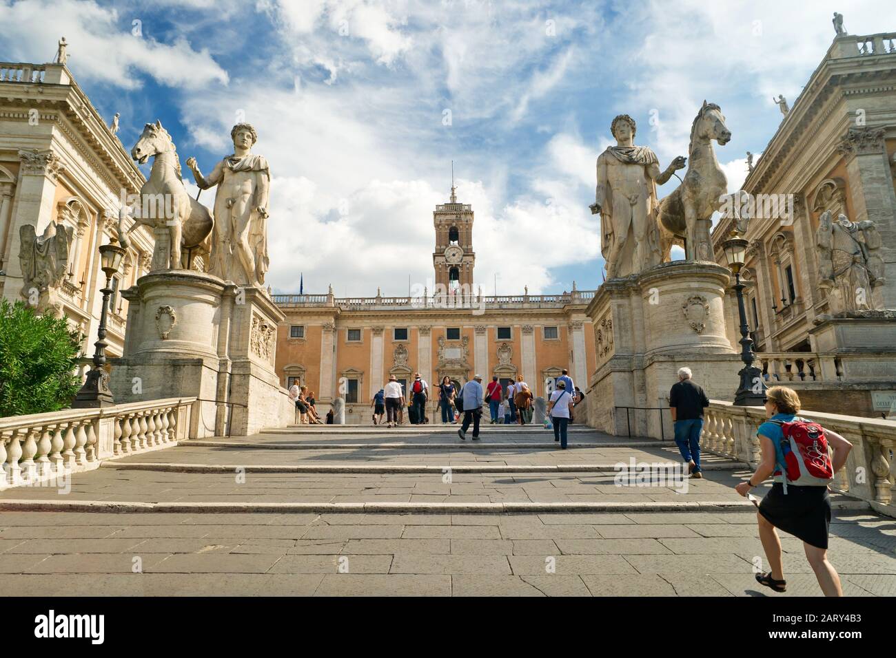 ROME - OCTOBER 3, 2012: Tourists climb the stairs to Capitoline on october 3, 2012 in Rome, Italy. Capitol Hill - one of the hills of ancient Rome, wh Stock Photo