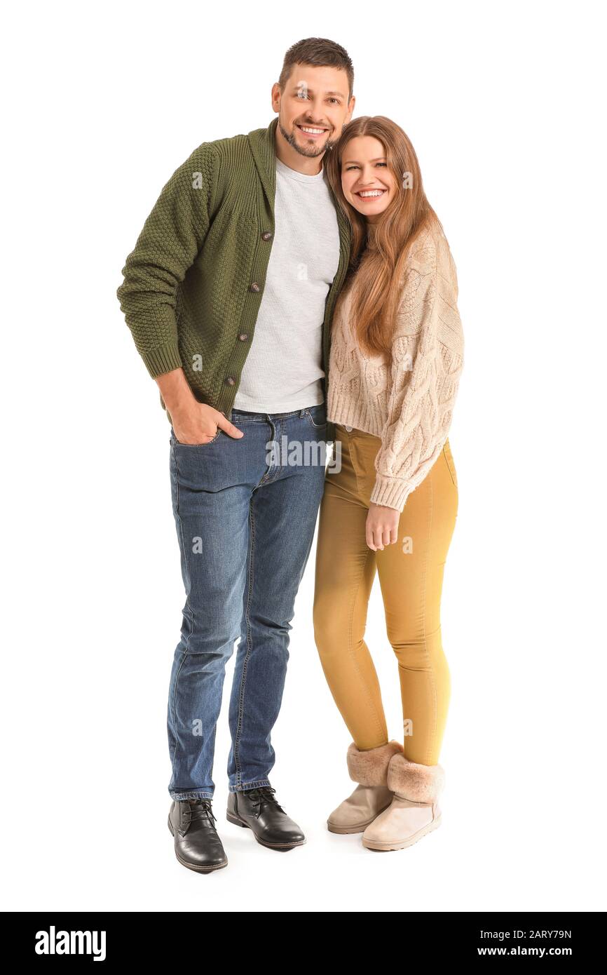Portrait of happy couple on white background Stock Photo - Alamy