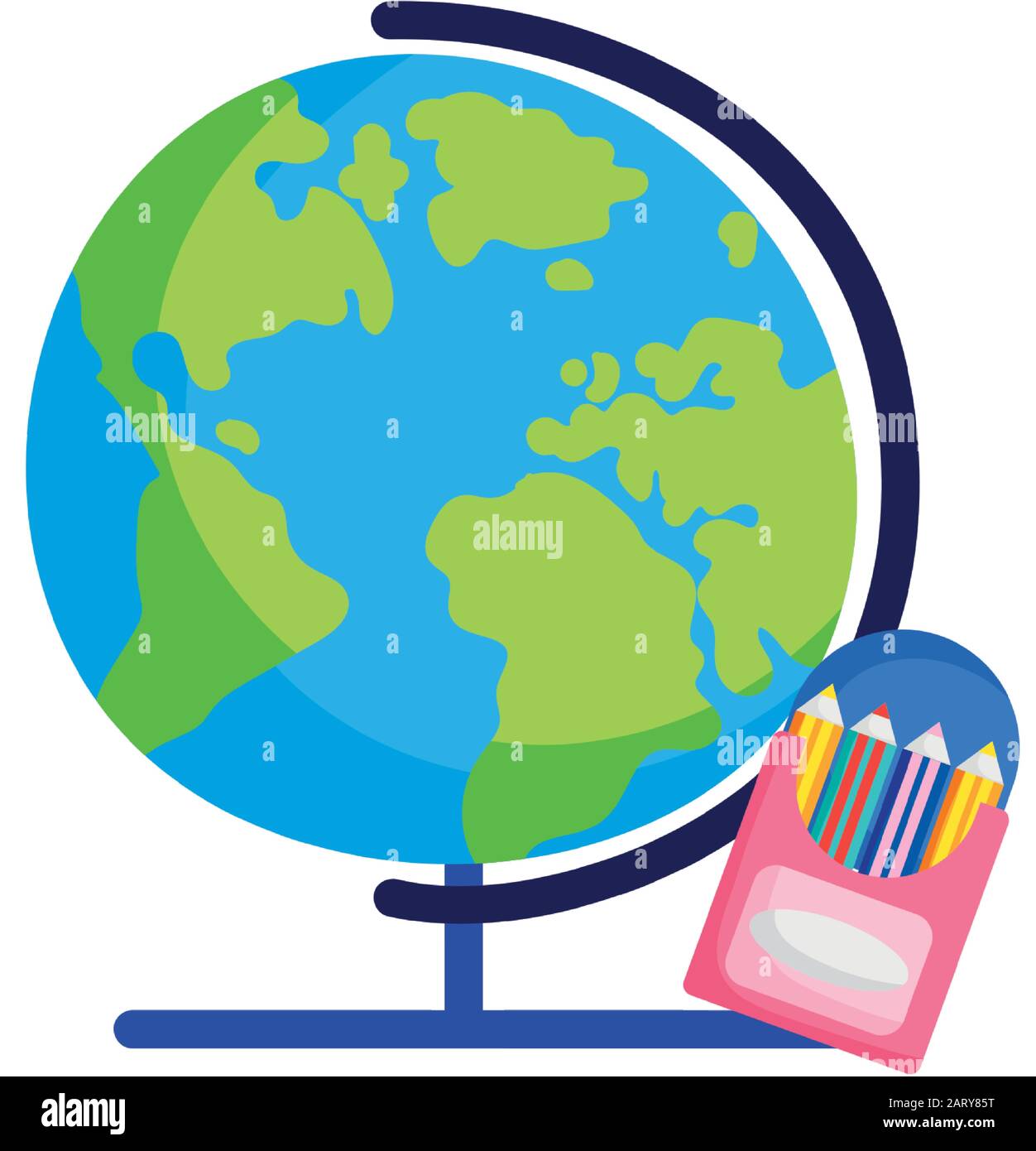 back to school education globe map and pencils color in box vector ...