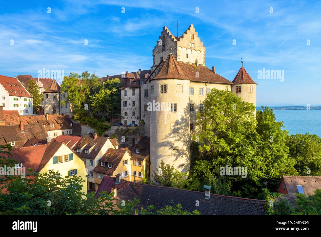 Meersburg Castle at Lake Constance or Bodensee, Germany. This medieval castle is landmark of Meersburg town. Scenic view of old German castle in summe Stock Photo