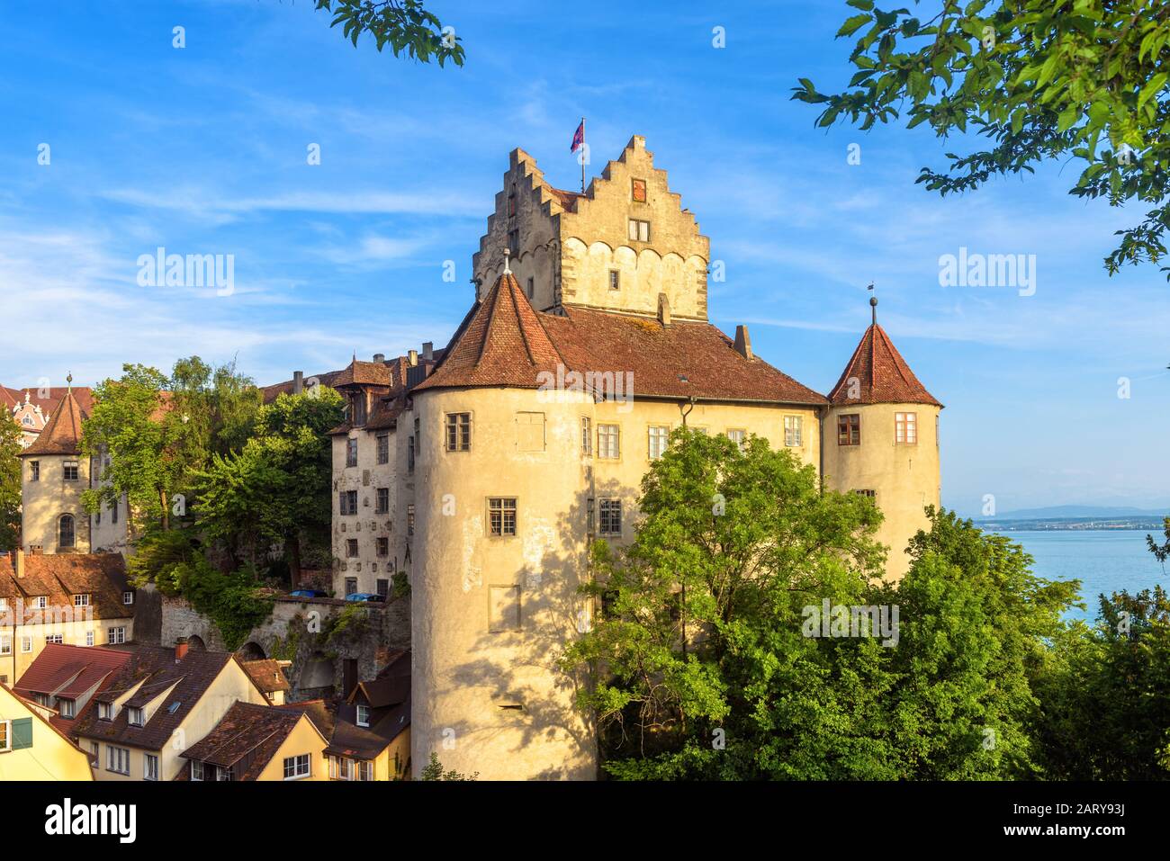 Meersburg Castle at Lake Constance or Bodensee, Germany. This old castle is landmark of Meersburg town. Scenic view of medieval German castle in summe Stock Photo