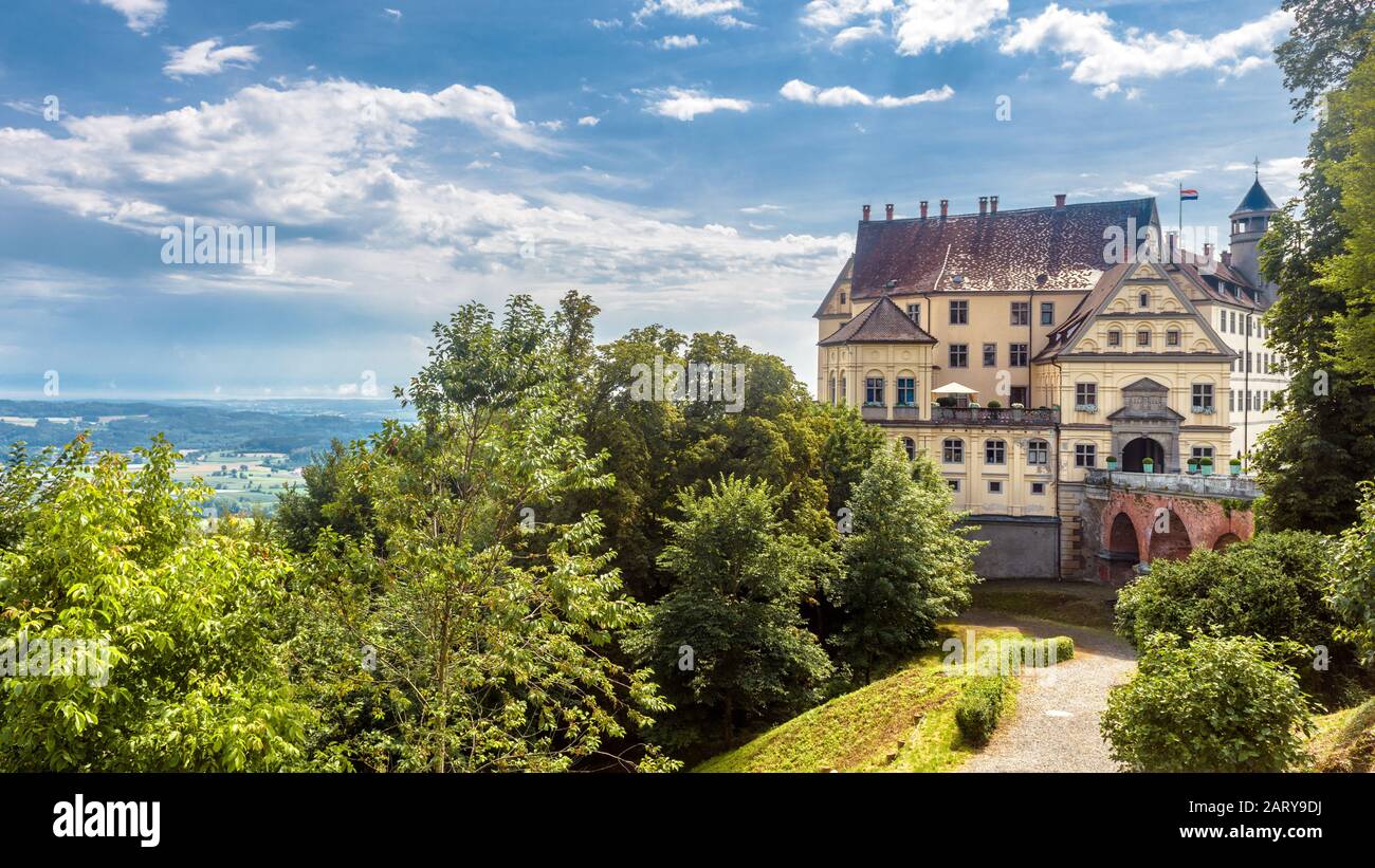 Castle of Heiligenberg in Linzgau, Germany. This Renaissance castle is a landmark of Baden-Wurttemberg. Panoramic scenic view of old German castle on Stock Photo