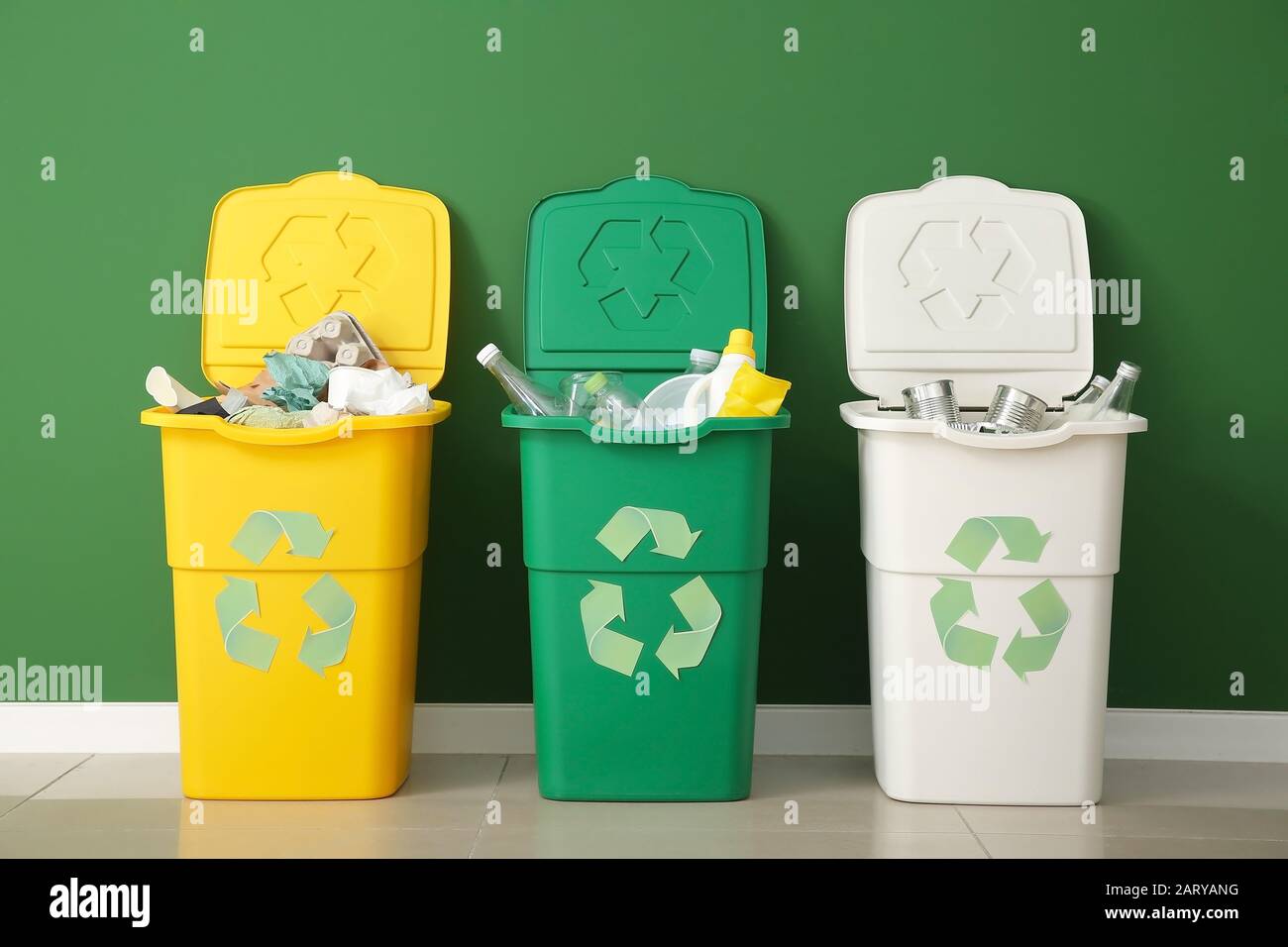 Containers with different types of garbage near color wall. Recycling