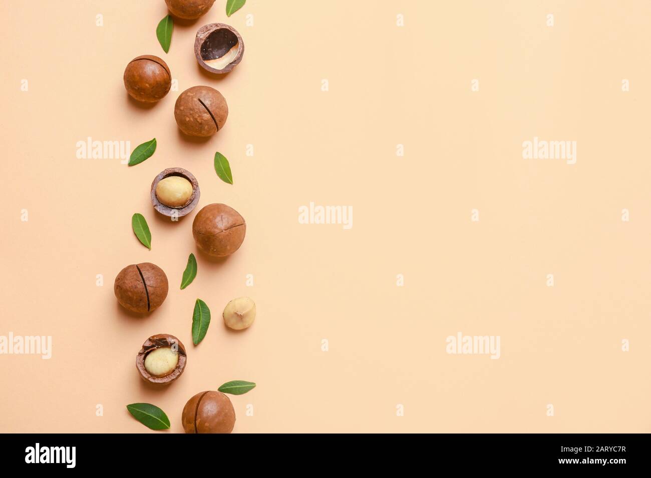 Tasty macadamia nuts on color background Stock Photo
