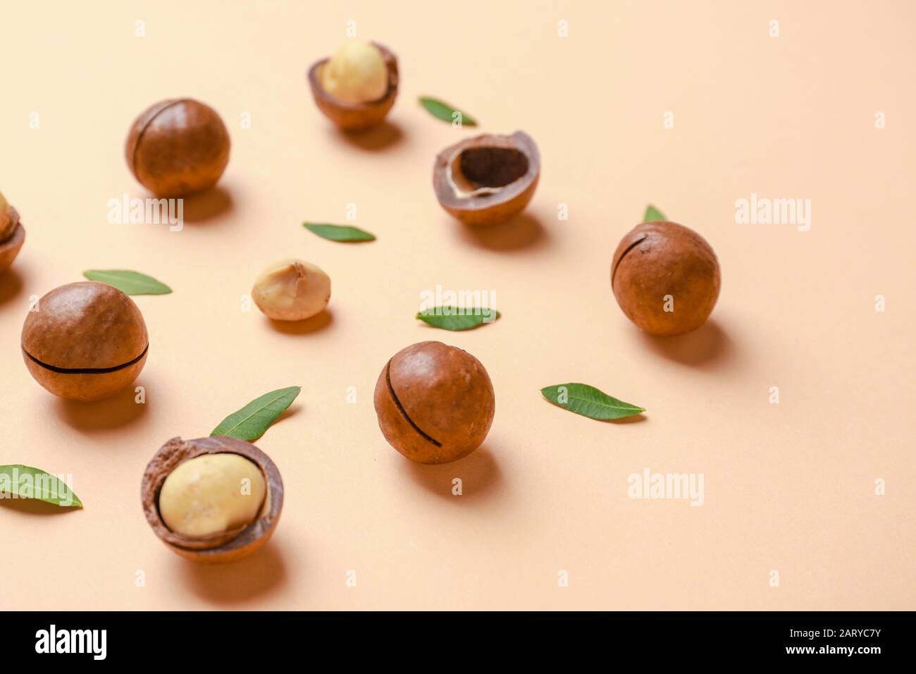 Tasty macadamia nuts on color background Stock Photo