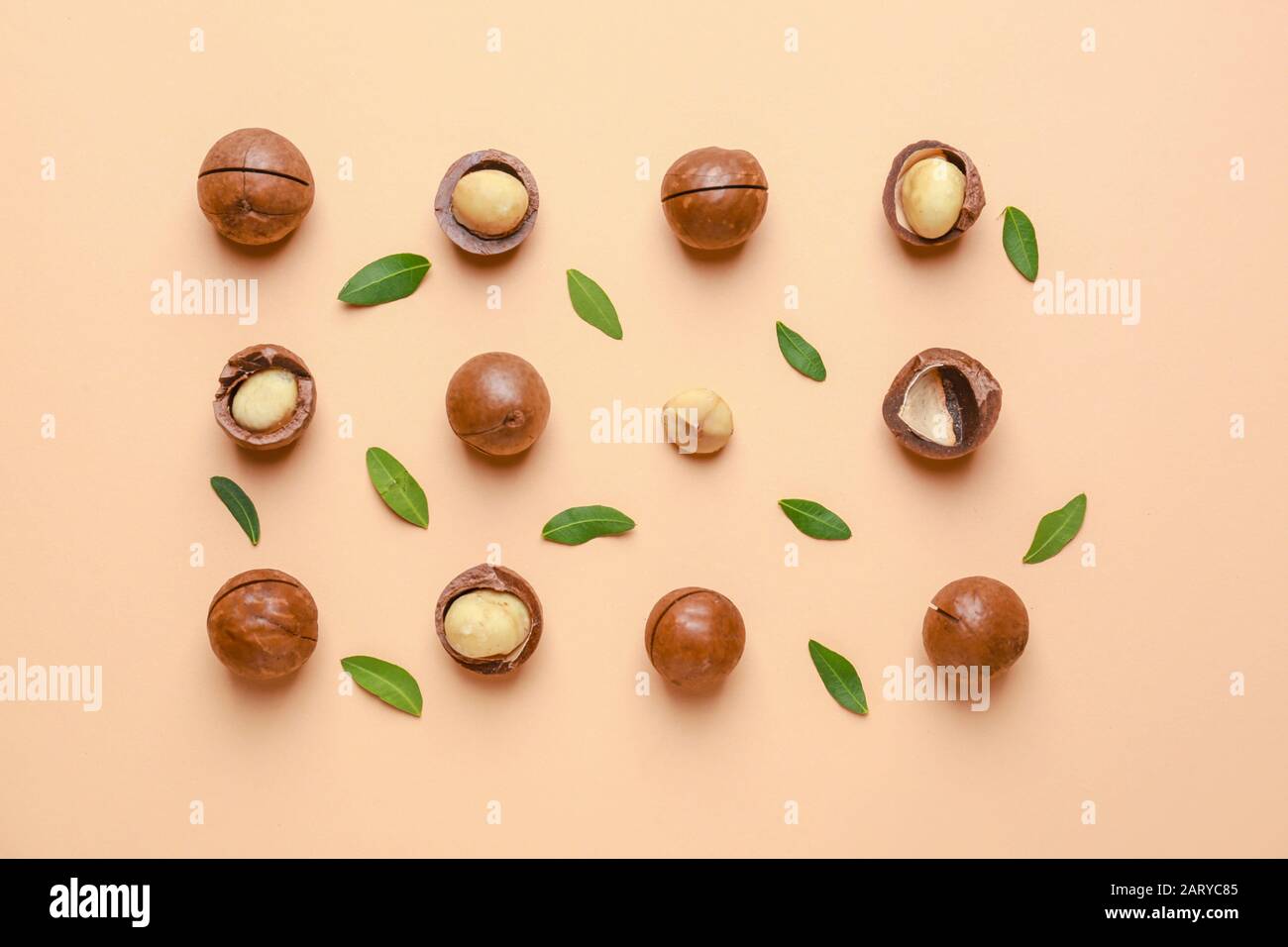 Tasty macadamia nuts on color background Stock Photo