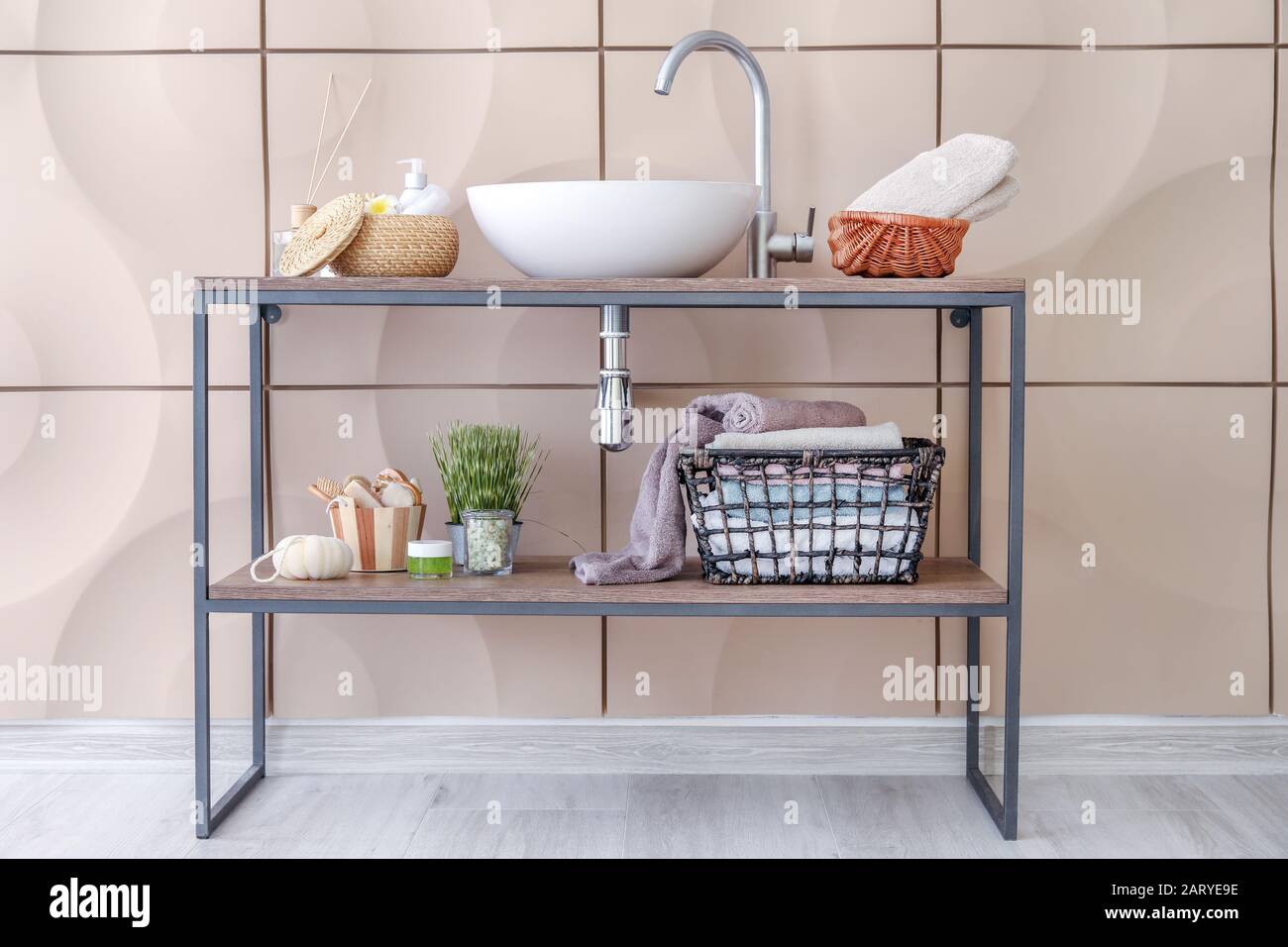 Interior of light modern bathroom with sink Stock Photo - Alamy