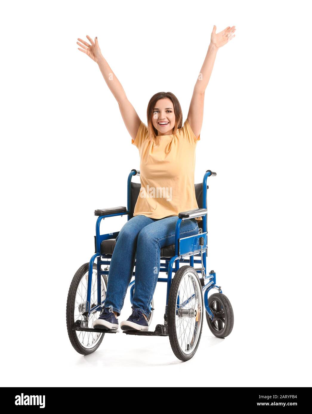 Happy young woman in wheelchair on white background Stock Photo - Alamy