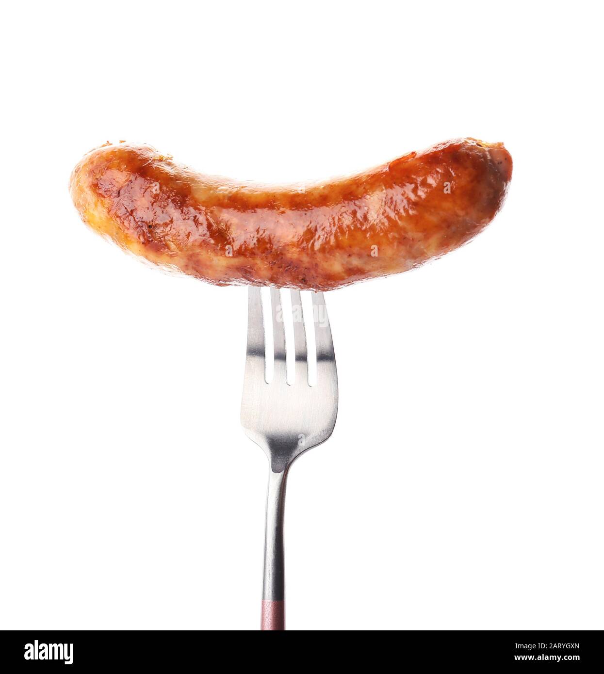 Fork with grilled sausage on white background Stock Photo