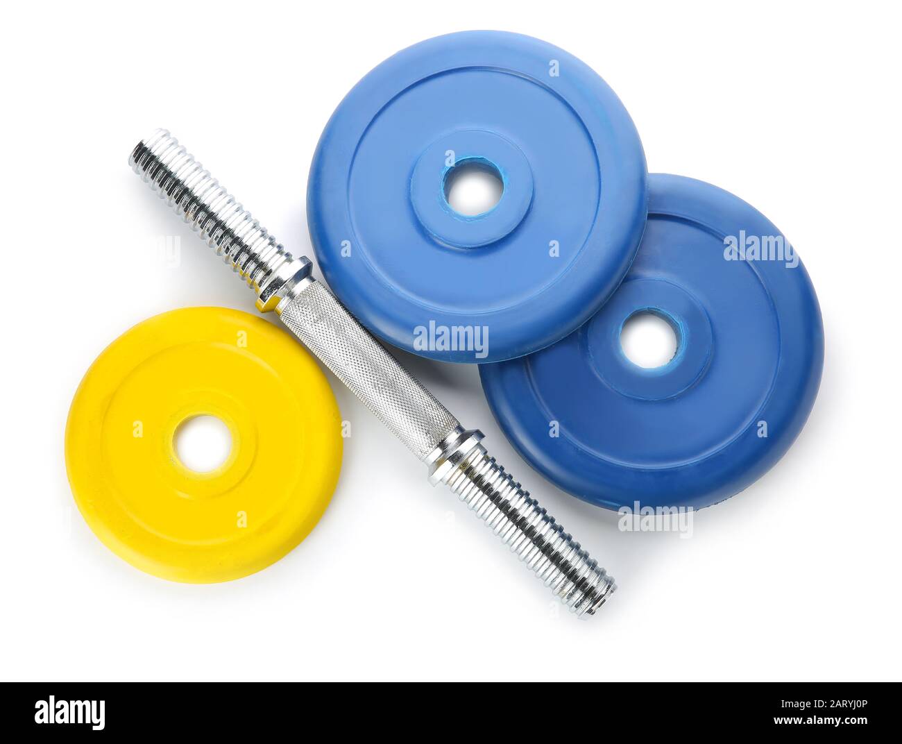 Barbell plates with grip on white background Stock Photo
