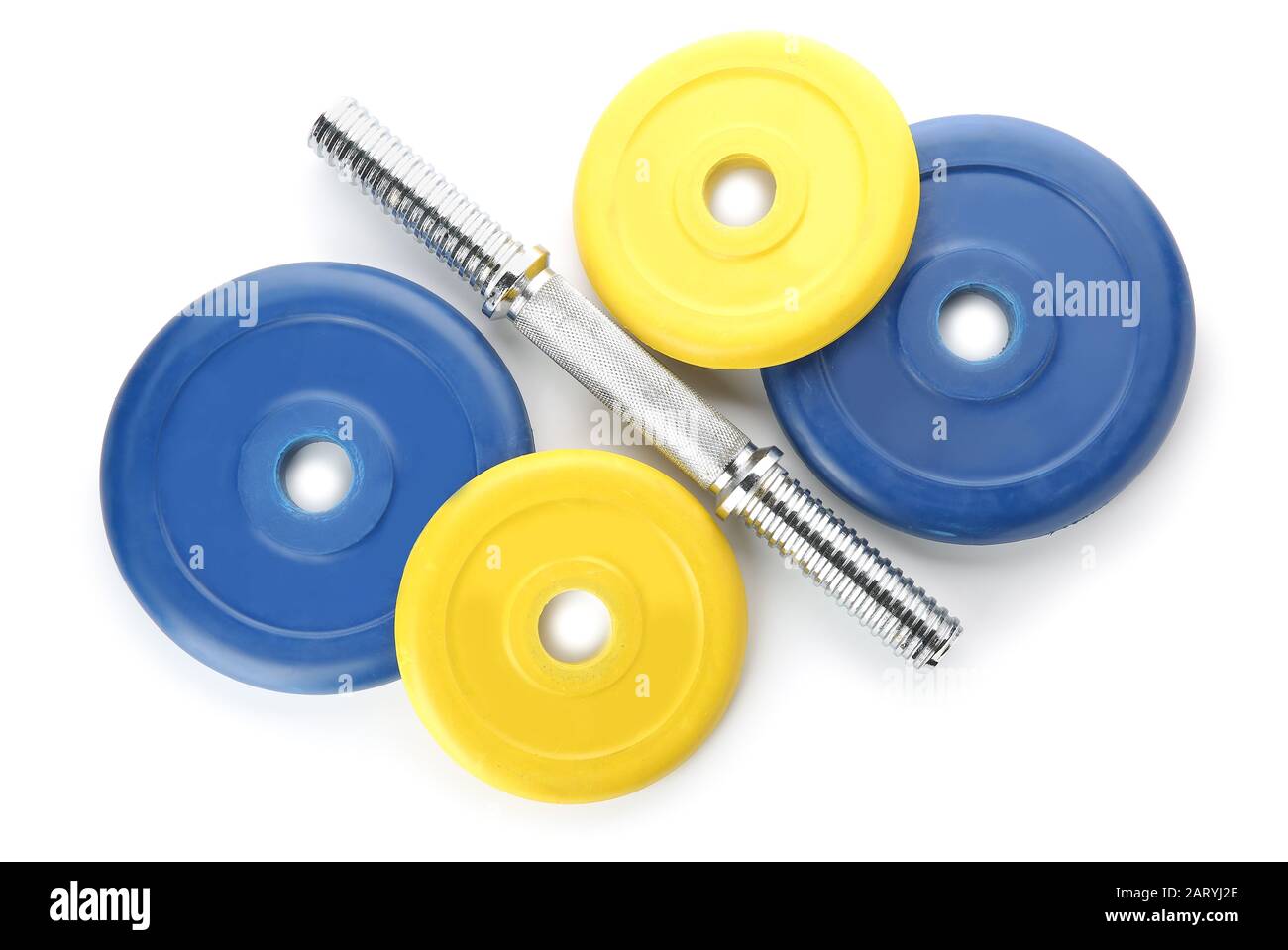 Barbell plates with grip on white background Stock Photo