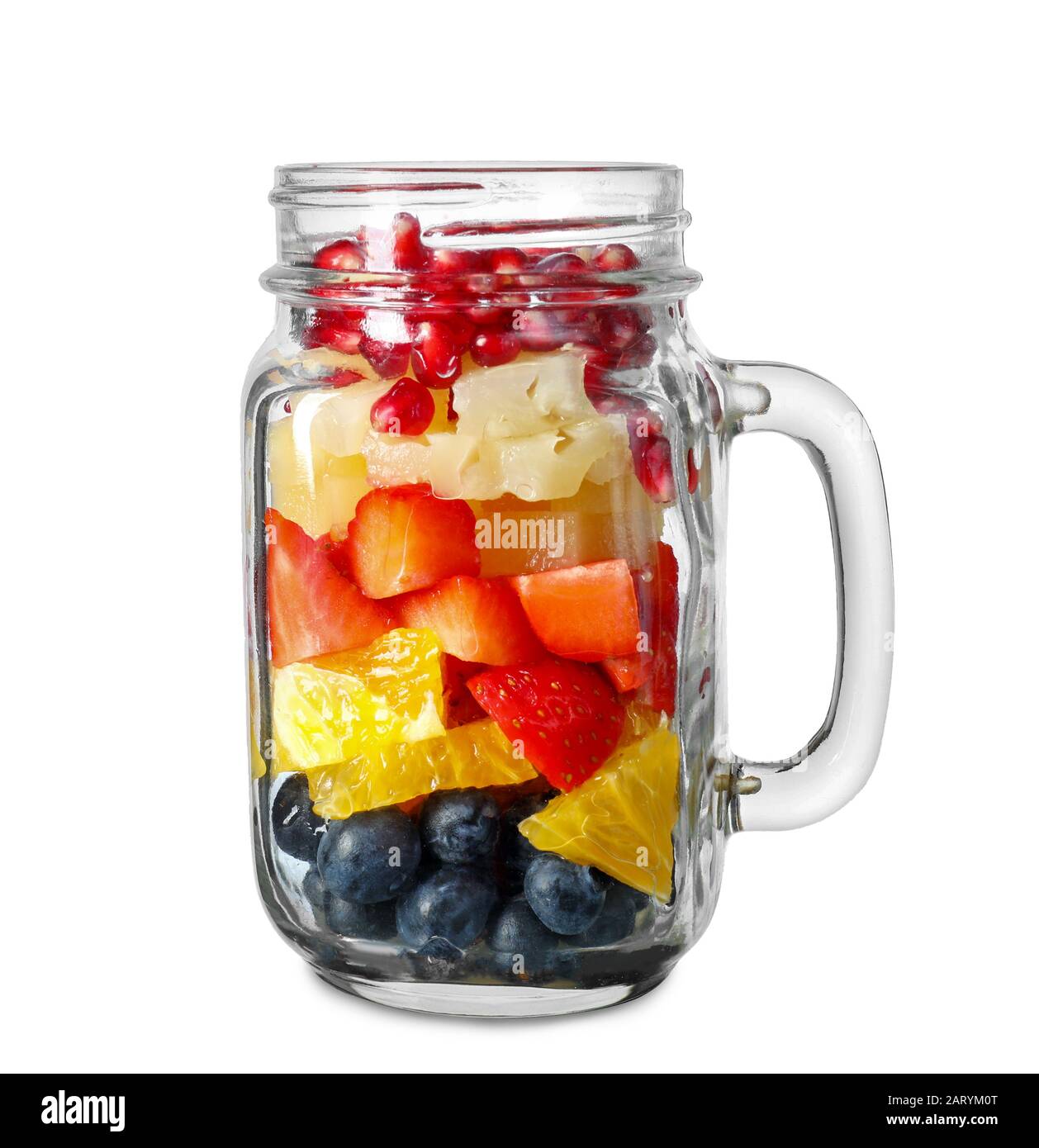 Mason jar with tasty fruit salad on white background Stock Photo - Alamy