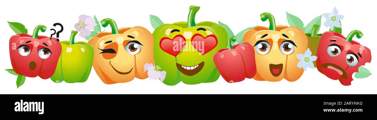 Bell pepper border. Cute cartoon emoji vegetables Stock Vector