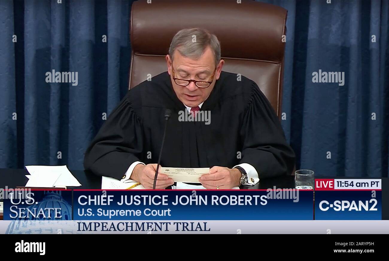 Washington, United States. 29th Jan, 2020. In a photo taken from C-Span Television, Chief Justice John Roberts is seen during Day 9 of the Impeachment Trial of President Donald Trump late on Wednesday, January 29, 2020. President Trump is facing two articles of impeachment; abuse of power and obstruction of Congress. Credit: UPI/Alamy Live News Stock Photo