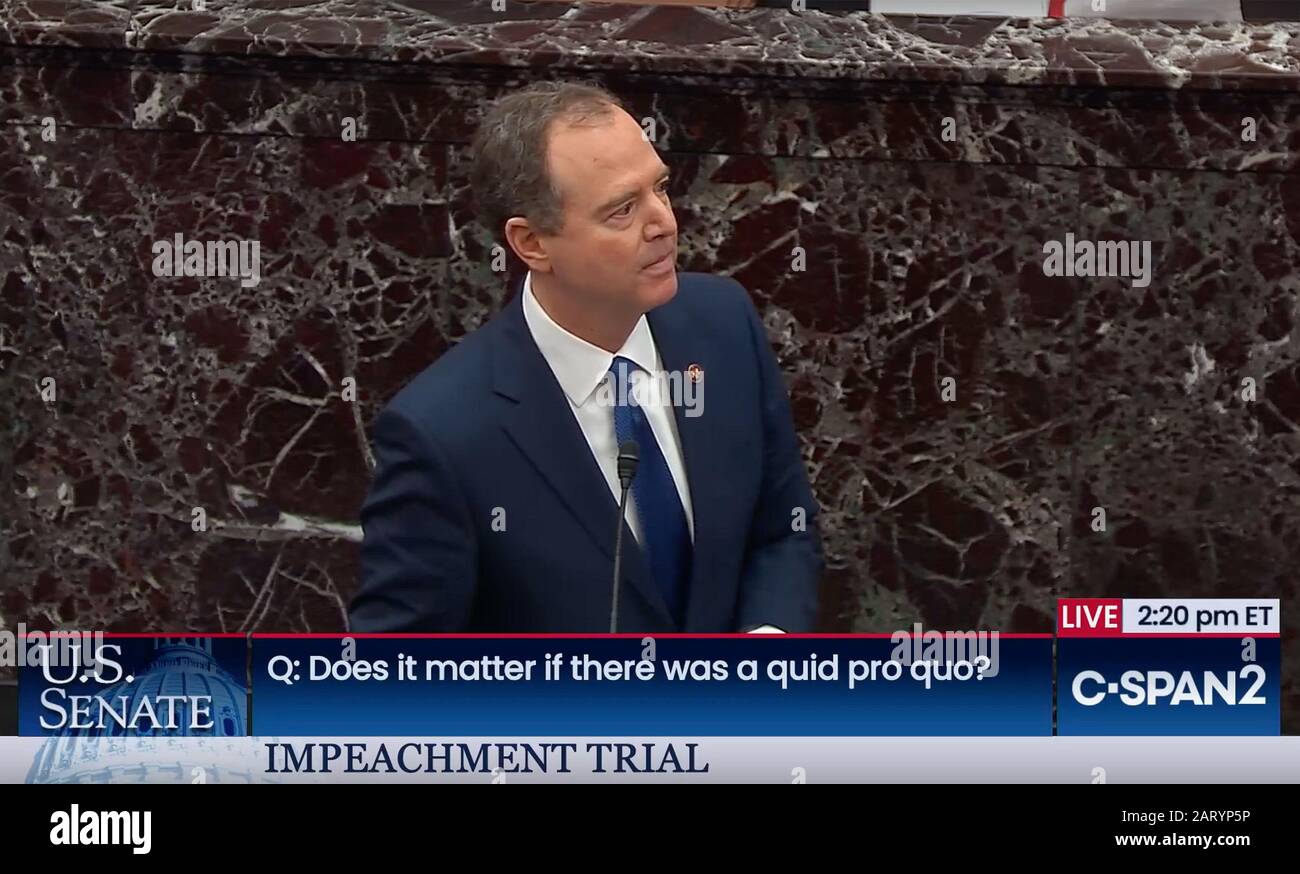 Washington, United States. 29th Jan, 2020. In a photo taken from C-Span Television, Lead House manager Adam Schiff is seen during Day 9 of the Impeachment Trial of President Donald Trump late on Wednesday, January 29, 2020. President Trump is facing two articles of impeachment; abuse of power and obstruction of Congress. Credit: UPI/Alamy Live News Stock Photo
