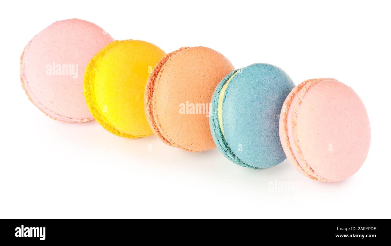 Different tasty macarons on white background Stock Photo