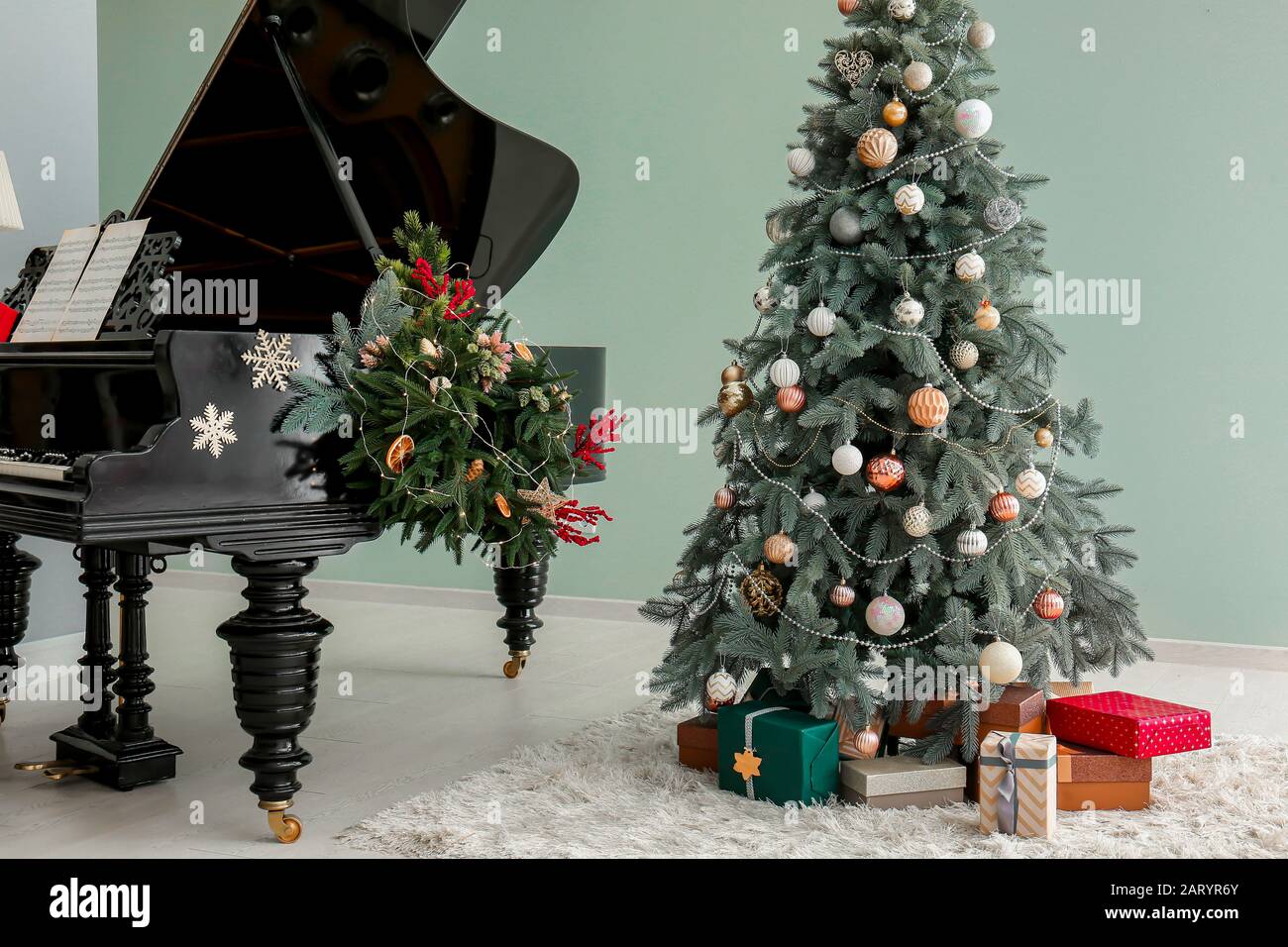 Grand Piano In Room Decorated For Christmas Stock Photo 341745011