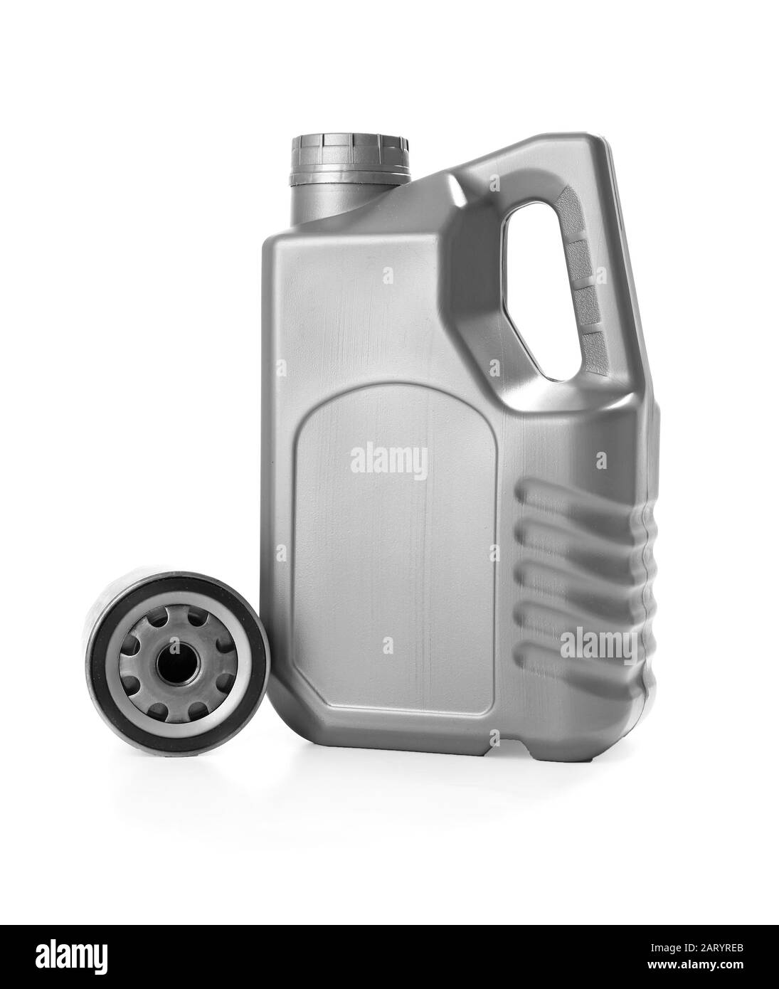 Canister with car oil and filter on white background Stock Photo Alamy