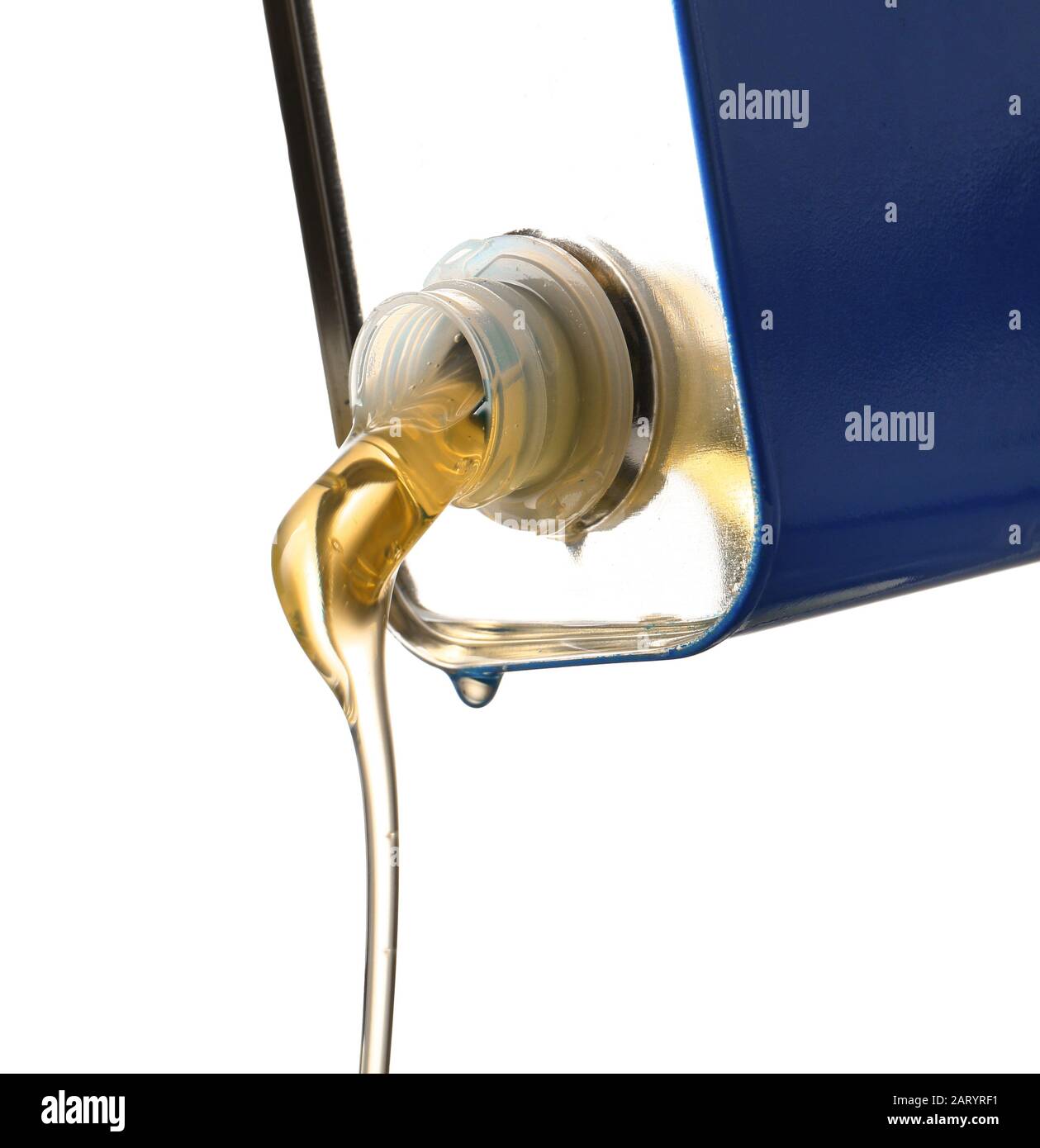 Pouring of car oil from canister against white background Stock Photo