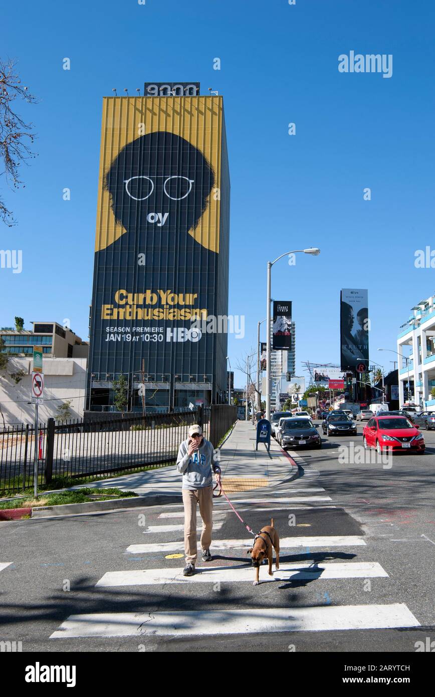 Giant billboard for Larry David's show Curb Your enthusiasm on building on the sunset Strip in Los Angeles, CA. Stock Photo