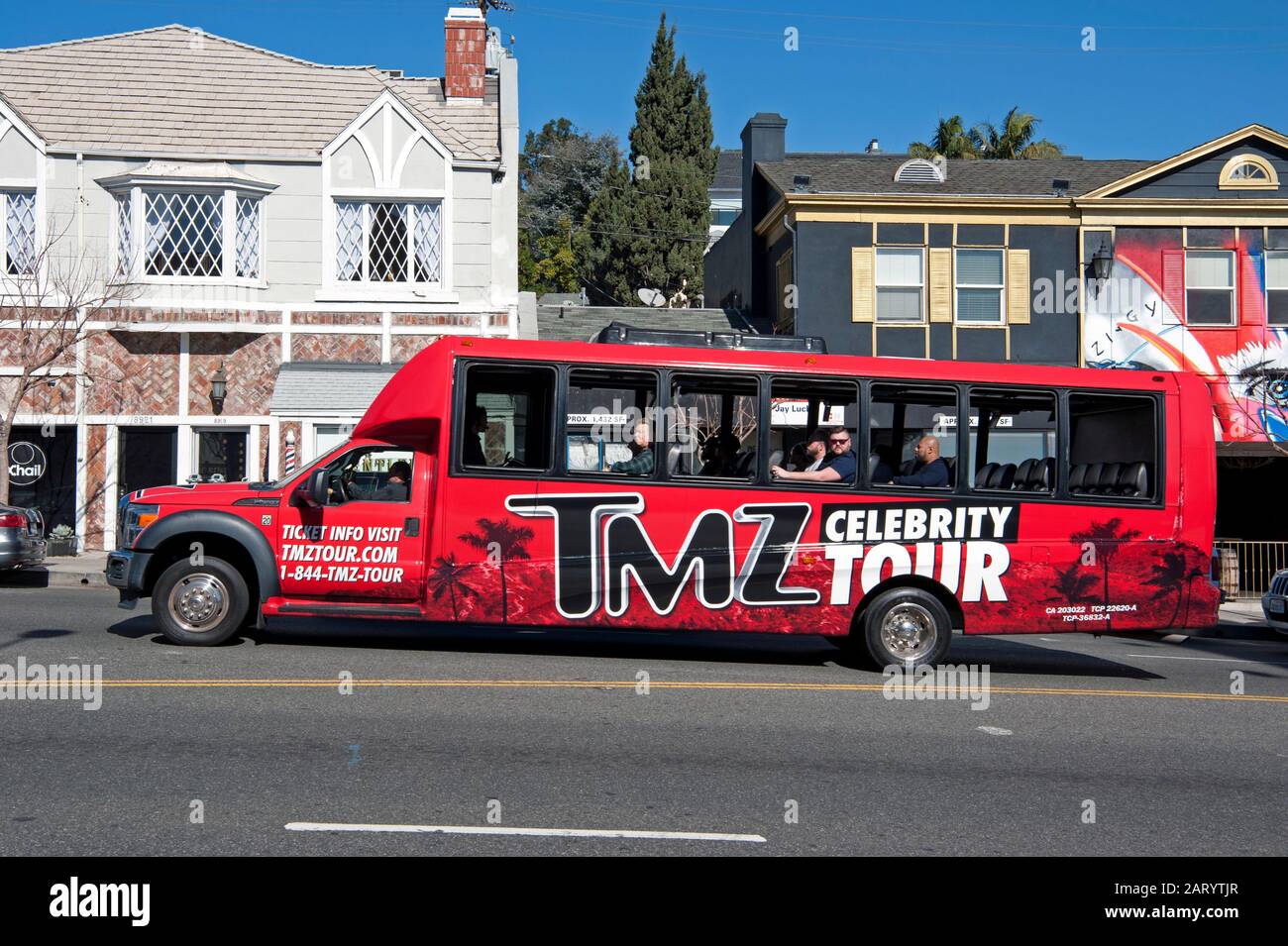 TMZ tour bus on thesunset Strip in Los Angeles, CA Stock Photo