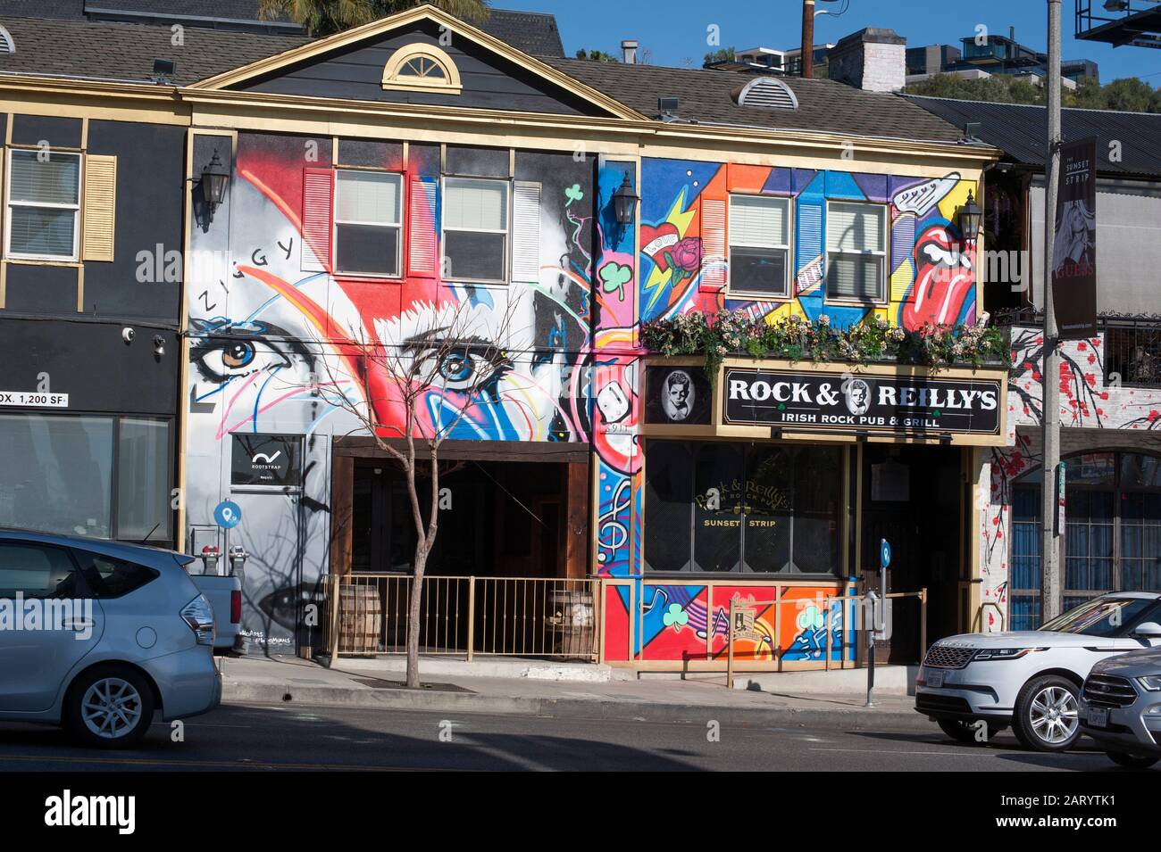 Colorfully painted exterior of Rock and Reillys Irish pub on tghe SunsetStrip in Los Angeles, CA Stock Photo