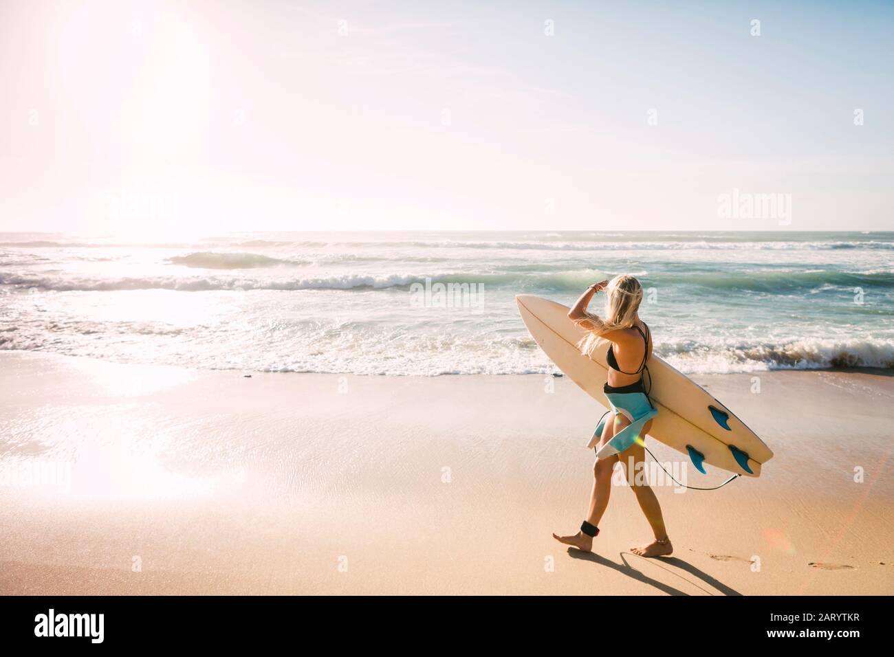 Woman wearing wetsuit holding surfboard on beach Stock Photo Alamy
