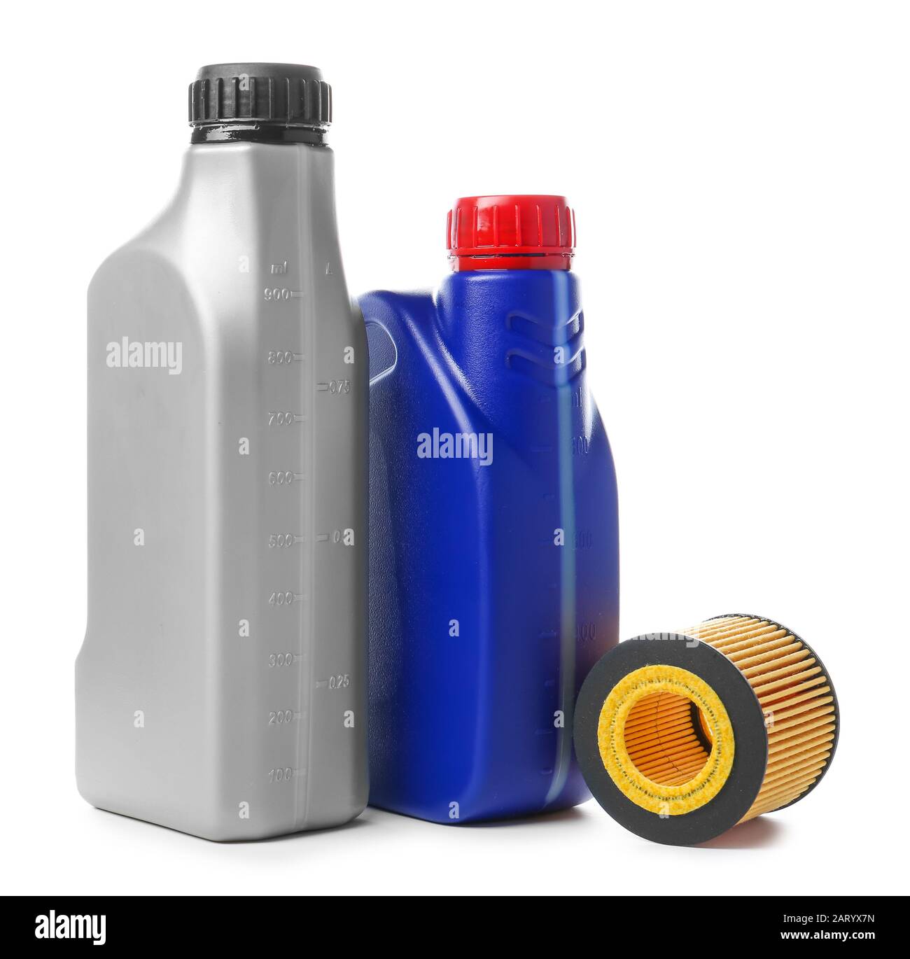 Canisters with car oil and filter on white background Stock Photo Alamy