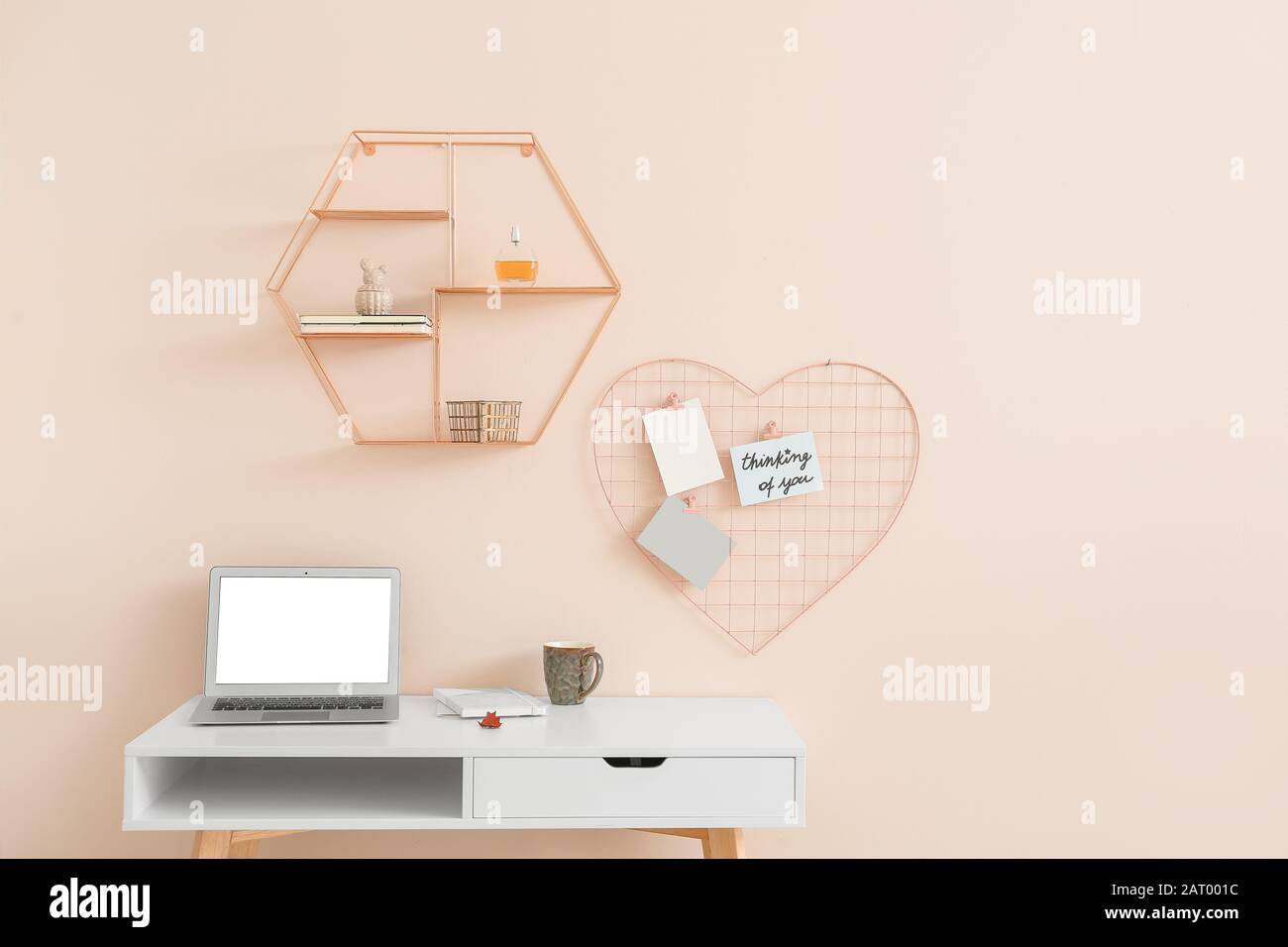 Modern comfortable workplace near color wall Stock Photo