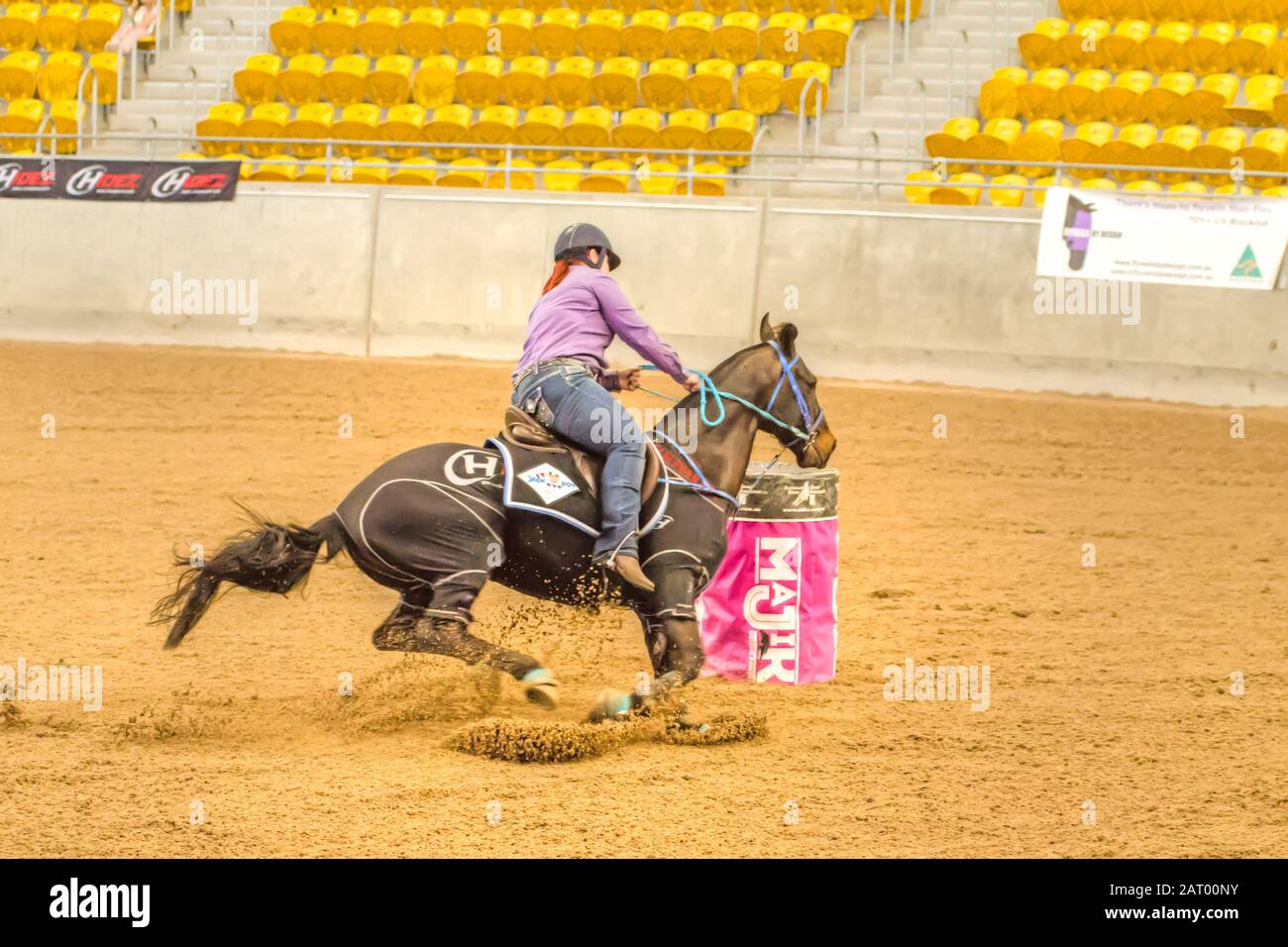Lady Competitor in the Australian Barrel Horse Association  National Finals. Stock Photo