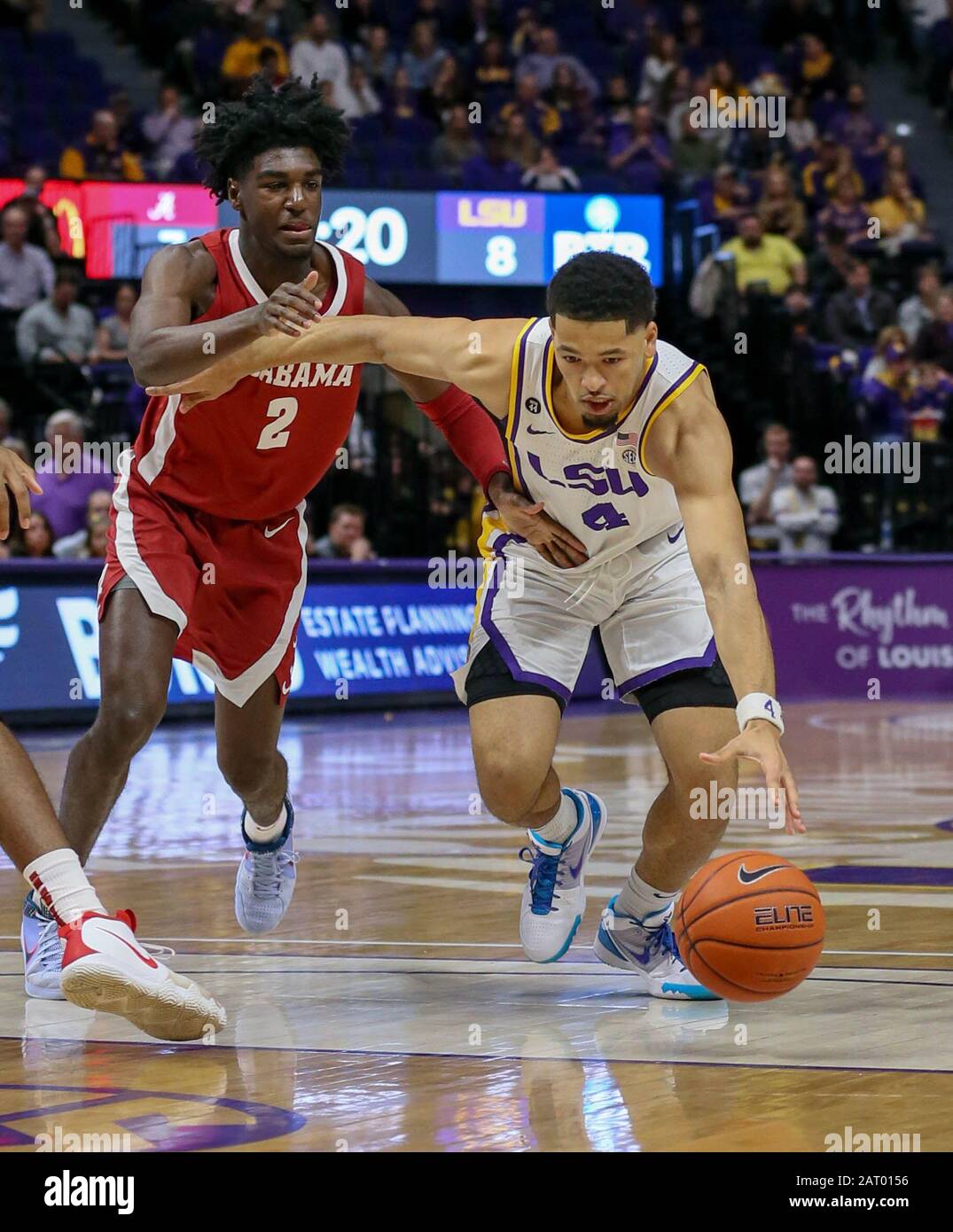 January 29, 2020: LSU's Skylar Mays (4) drives past Alabama's Kira Lewis Jr. (2) during NCAA Basketball action between the Alabama Crimson Tide and the LSU Tigers at the Pete Maravich Assembly Center in Baton Rouge, LA. Jonathan Mailhes/CSM Credit: Cal Sport Media/Alamy Live News Stock Photo