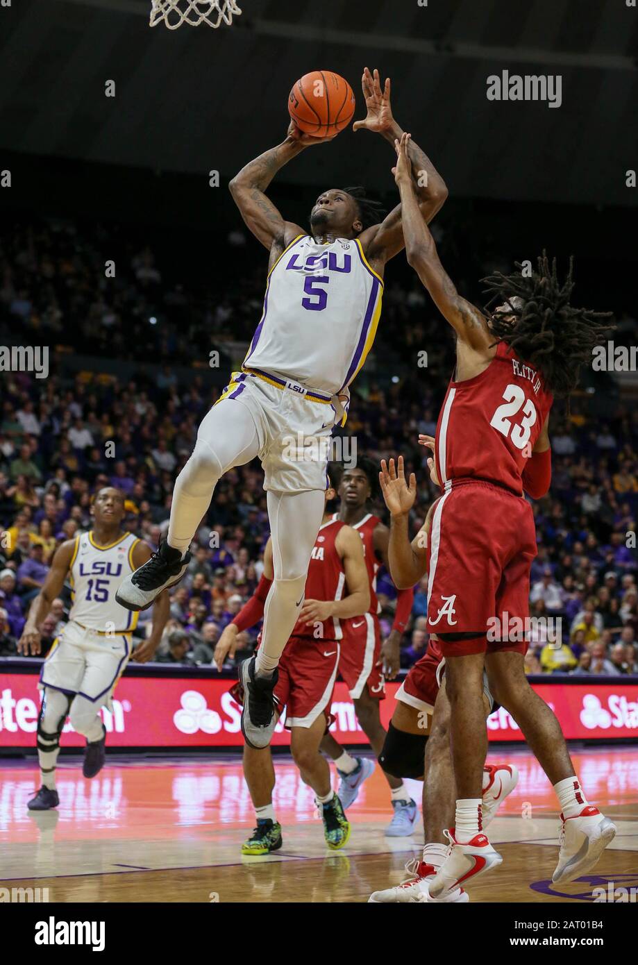 January 29, 2020: LSU's Emmitt Williams (5) goes for a dunk in front of Alabama's John Petty Jr. (23) during NCAA Basketball action between the Alabama Crimson Tide and the LSU Tigers at the Pete Maravich Assembly Center in Baton Rouge, LA. Jonathan Mailhes/CSM Credit: Cal Sport Media/Alamy Live News Stock Photo