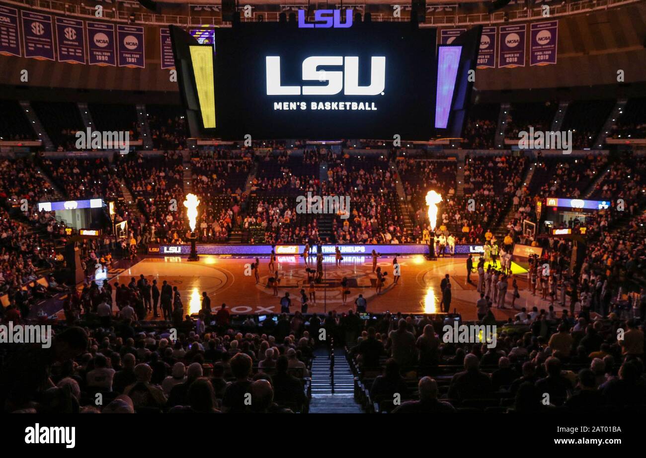 Baton Rouge, LA, USA. 29th Jan, 2020. Pyrotechnics go off during the LSU player introductions before NCAA Basketball action between the Alabama Crimson Tide and the LSU Tigers at the Pete Maravich Assembly Center in Baton Rouge, LA. Jonathan Mailhes/CSM/Alamy Live News Credit: Cal Sport Media/Alamy Live News Stock Photo