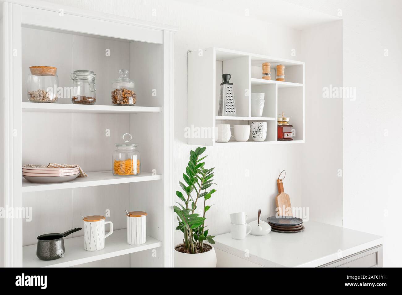 Interior of kitchen with modern shelves Stock Photo Alamy