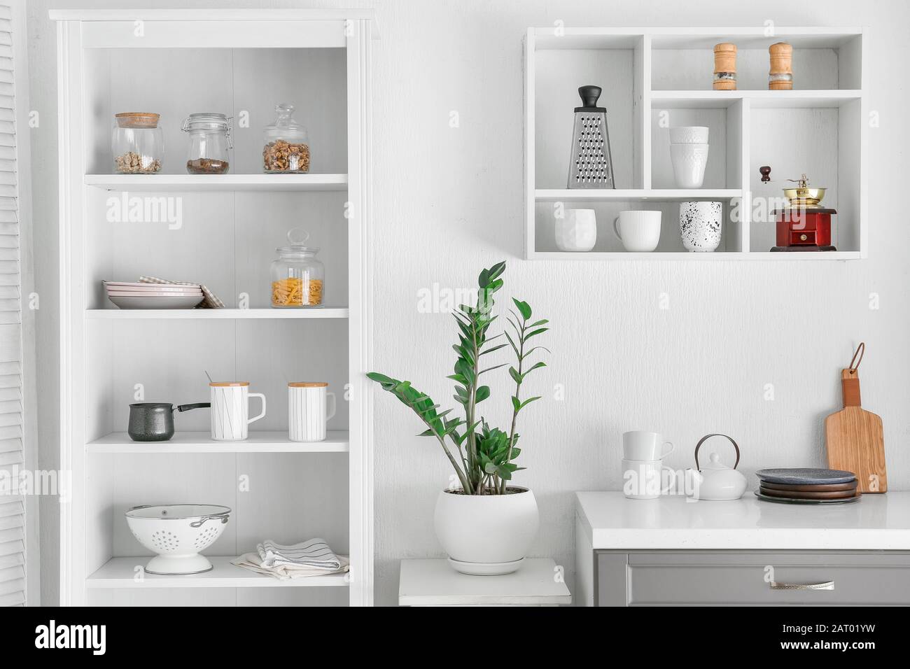 Interior of kitchen with modern shelves Stock Photo Alamy