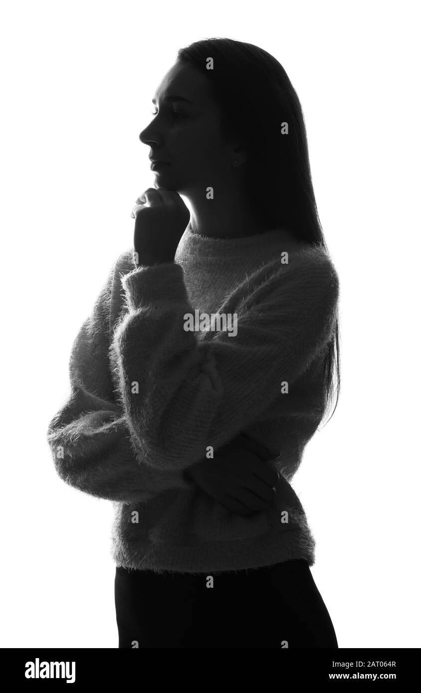 Silhouette of beautiful young woman on white background Stock Photo - Alamy