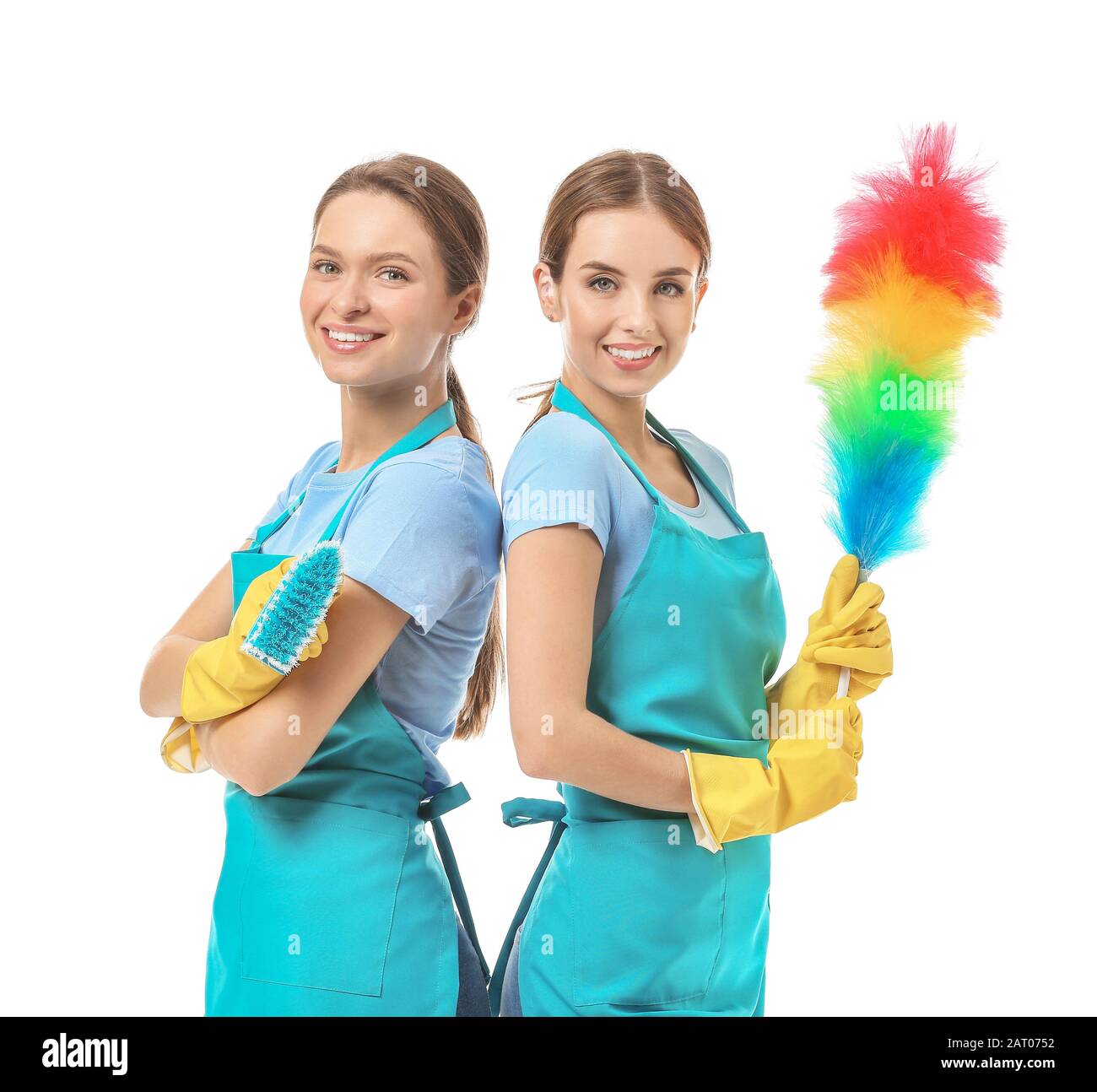 Female janitors on white background Stock Photo Alamy