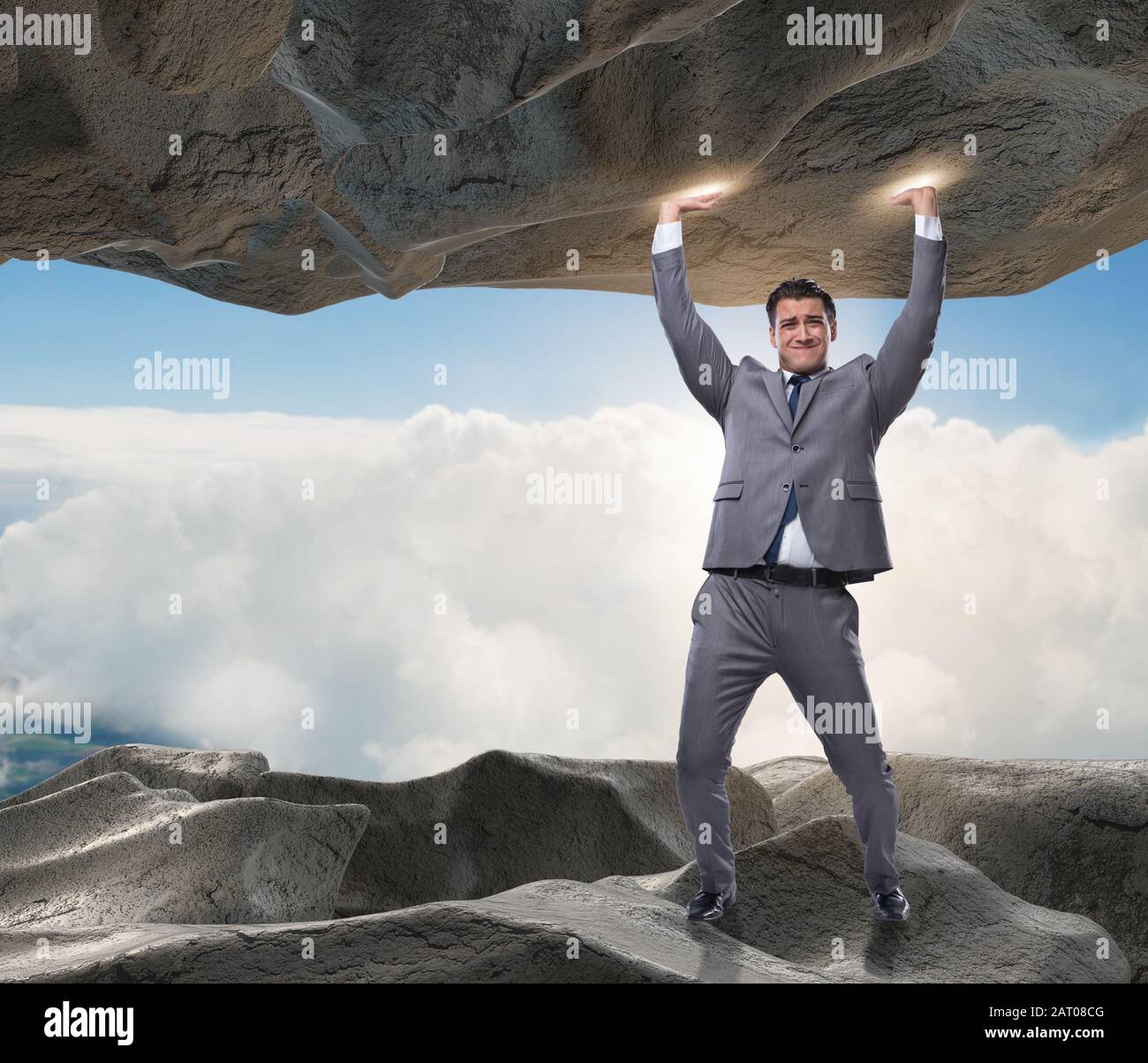The businessman supporting stone under pressure Stock Photo - Alamy