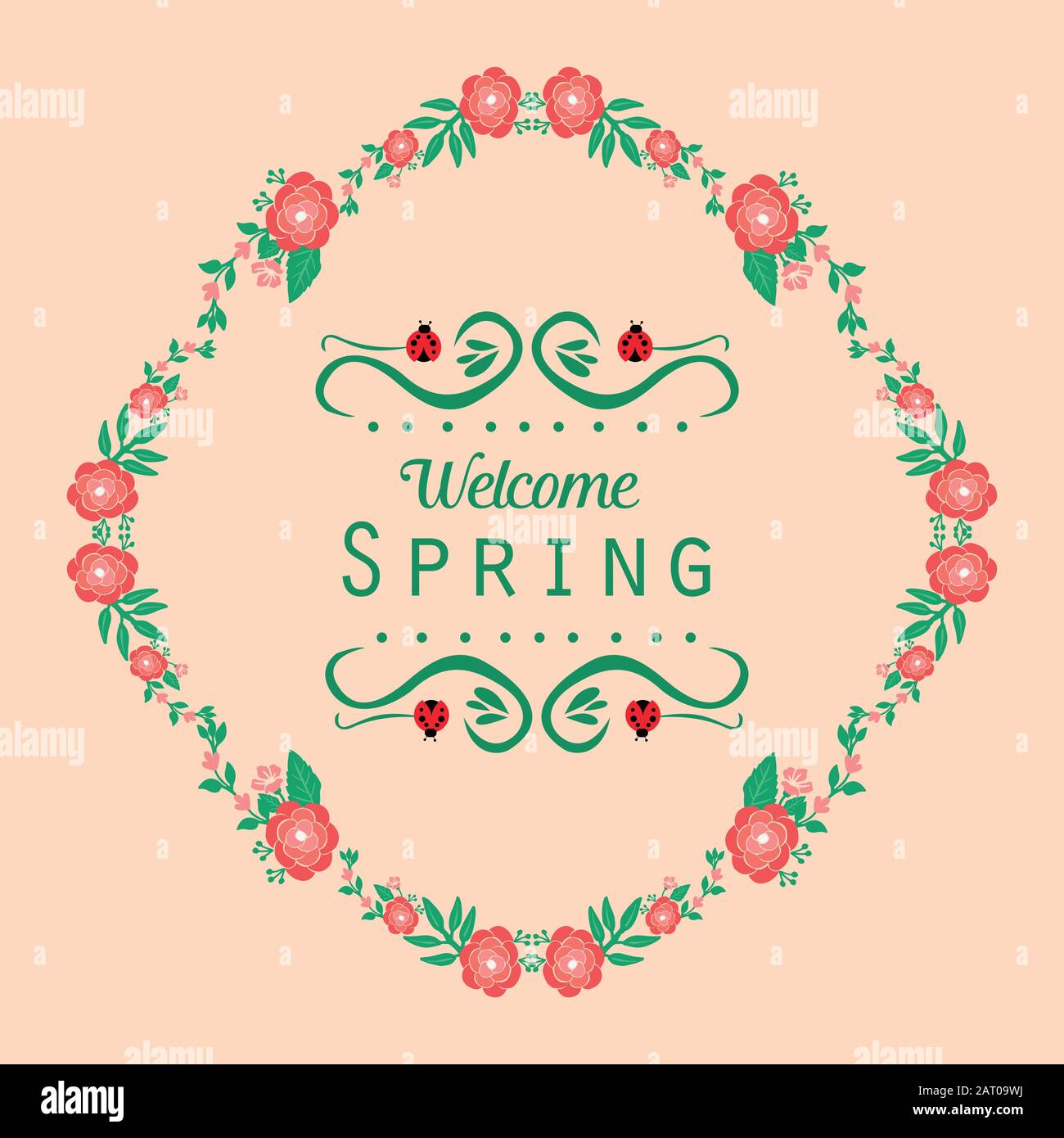 Elegant welcome spring greeting card design, with seamless of leaf and ...