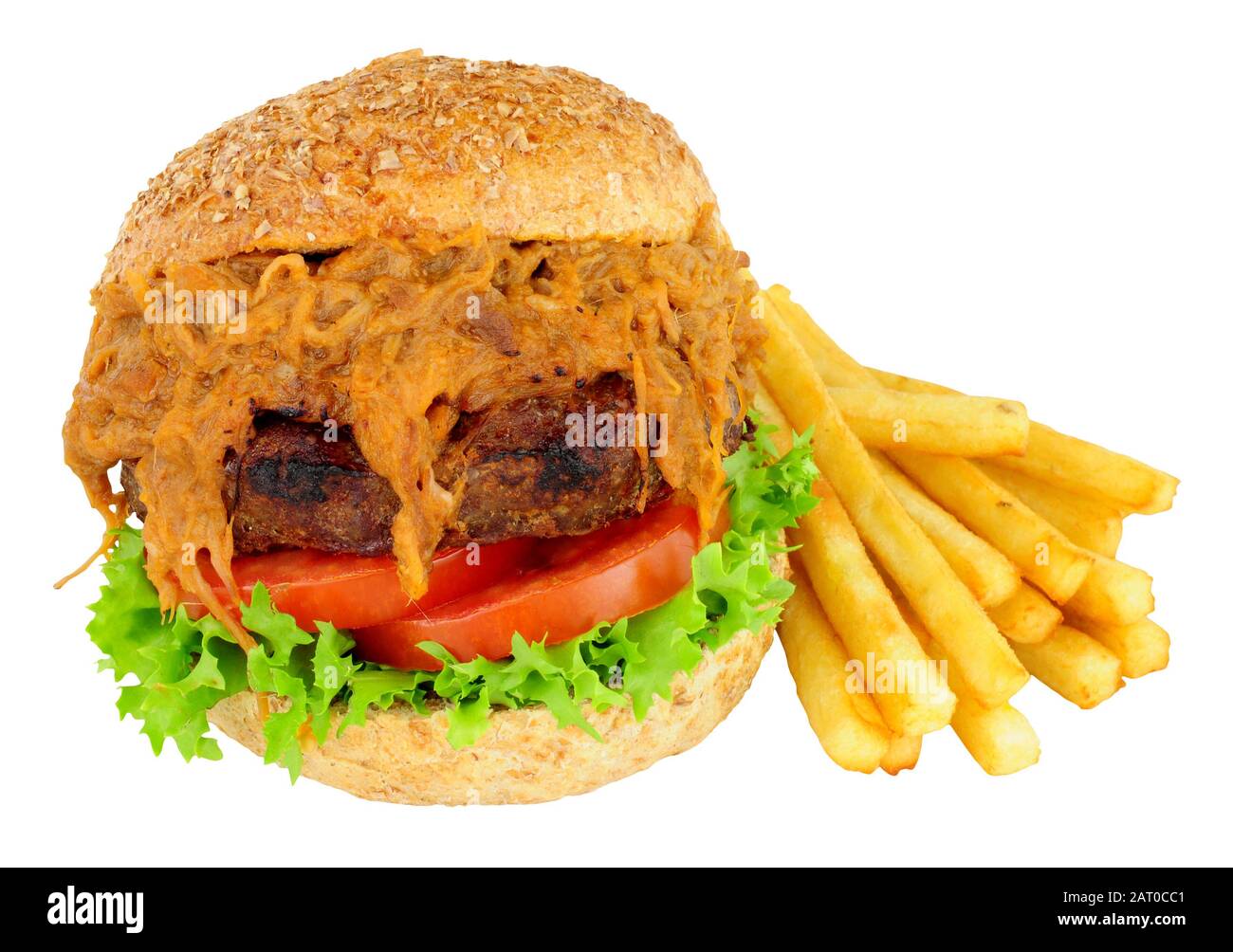 Beef burger with slow cooked pulled pork and salad isolated on a white