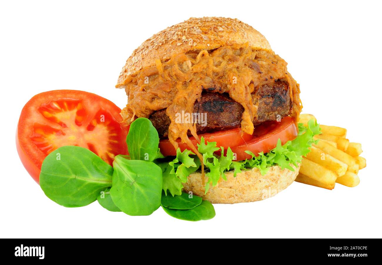 Beef burger with slow cooked pulled pork and salad isolated on a white