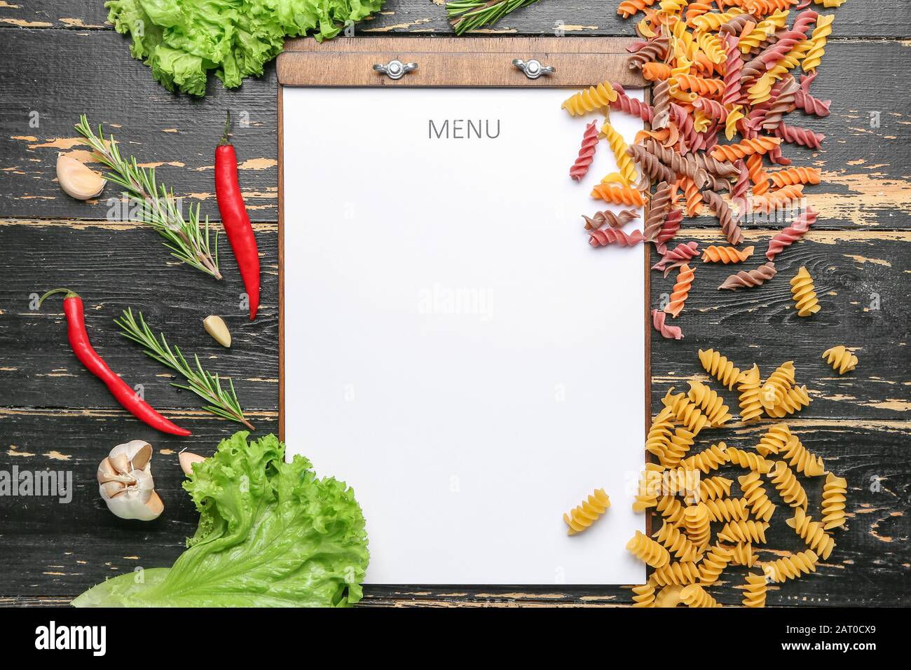 Blank menu and products on wooden background Stock Photo - Alamy