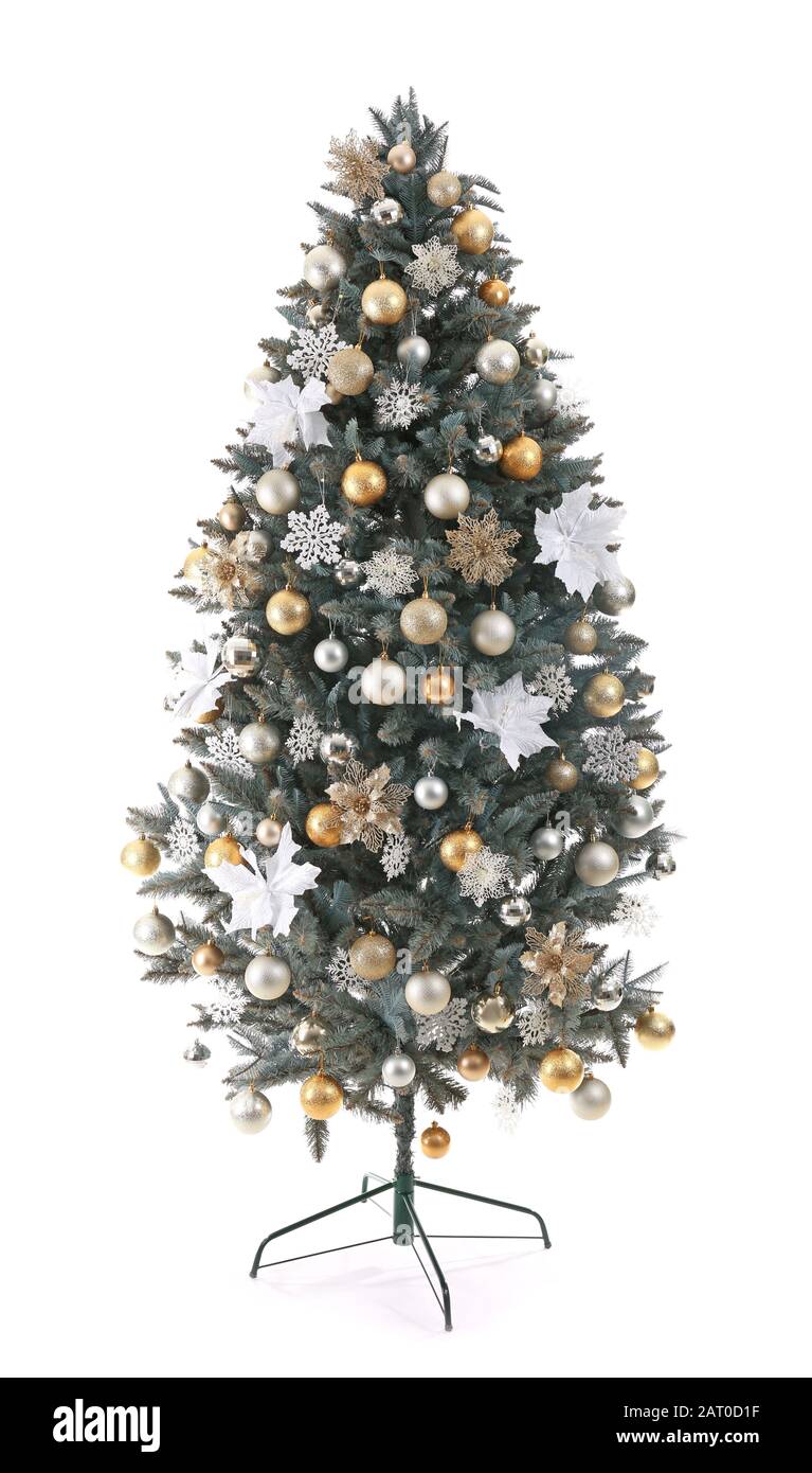 Beautiful decorated Christmas tree on white background Stock Photo - Alamy