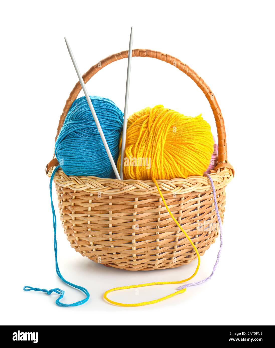 Basket with knitting yarns and needles on white background Stock Photo ...