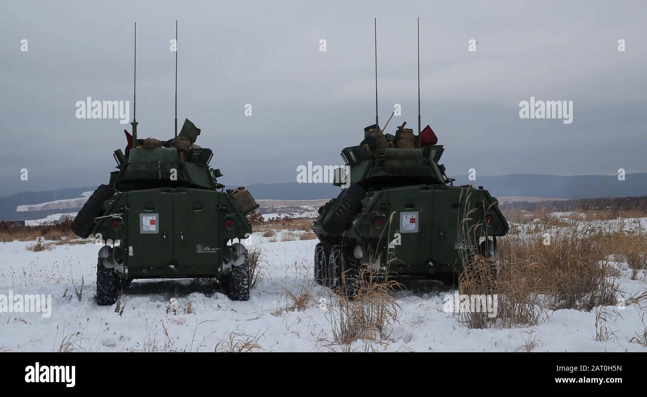 Light Armored Vehicles from 3rd Light Armored Reconnaissance Battalion, 3rd Marine Division, conduct a live fire range during exercise Northern Viper 2020 at Hokudaien Training Area, Hokkaido, Japan, Jan. 28, 2020. Northern Viper is a regularly scheduled training exercise that is designed to enhance the interoperability of the U.S. and Japan Alliance by allowing Marine Air-Ground Task Forces from III MEF to maintain their lethality and proficiency in MAGTF Combined Arms Operations in cold weather environments. (U.S. Marine Corps photo by Cpl. Cameron E. Parks) Stock Photo