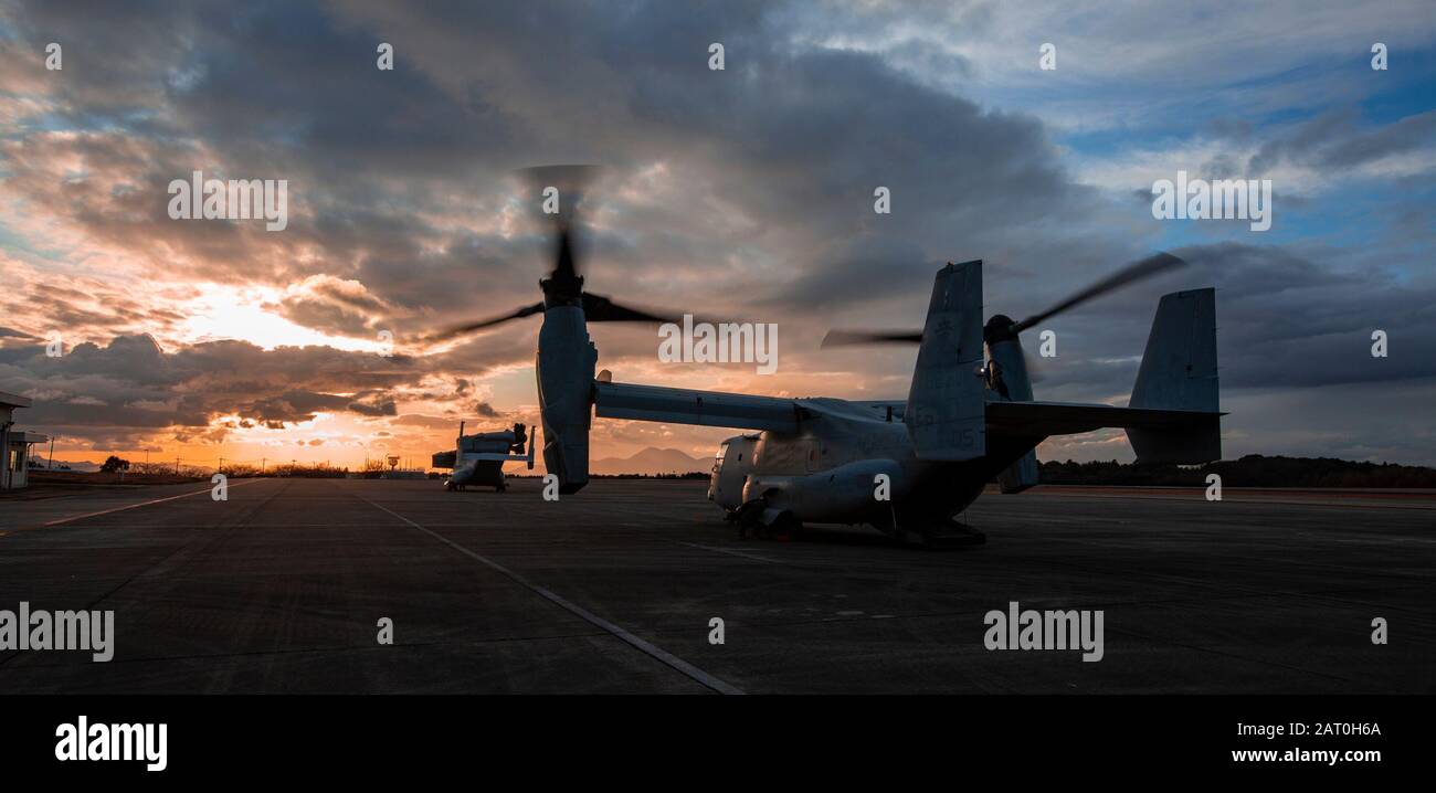 An MV-22B with Marine Medium Tiltrotor Squadron 265 (Reinforced), 1st Marine Aircraft Wing currently assigned to the 31st Marine Expeditionary Unit, sits aboard the flightline after conducting Vertical Assault training during exercise Forest Light Western Army at Camp Takayubaru, Kumamoto, Japan, Jan. 28, 2020. The 31st MEU, the Marine Corps' only continuously forward-deployed MEU, provides a flexible and lethal force ready to perform a wide range of military operations as the premier crisis response force in the Indo-Pacific region. The exercise will consist of field training events including Stock Photo