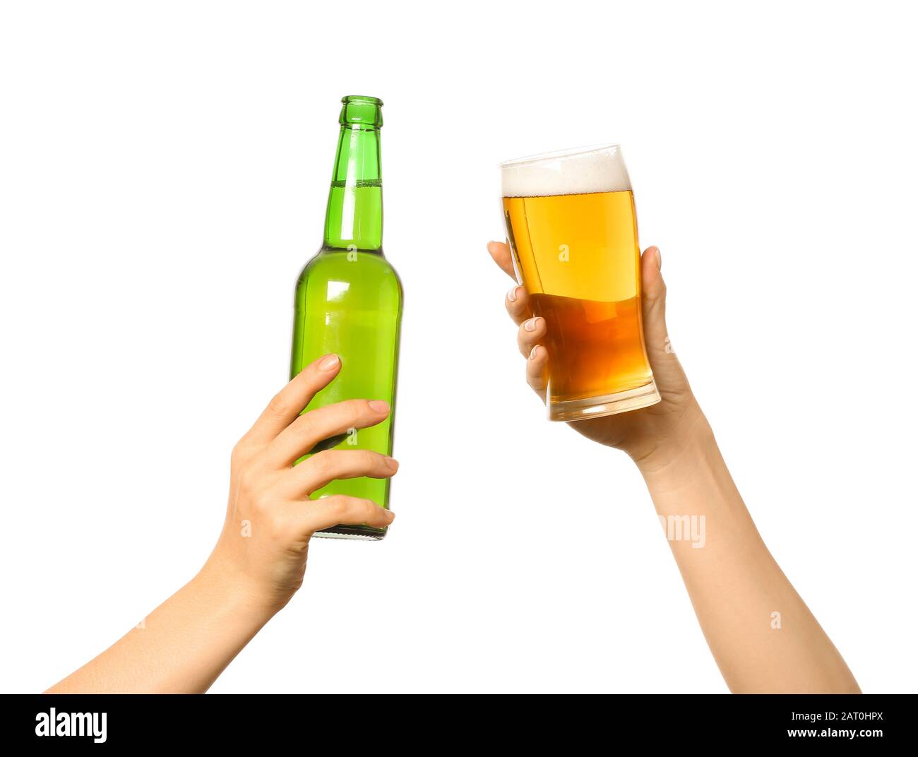 Hands with beer on white background Stock Photo Alamy