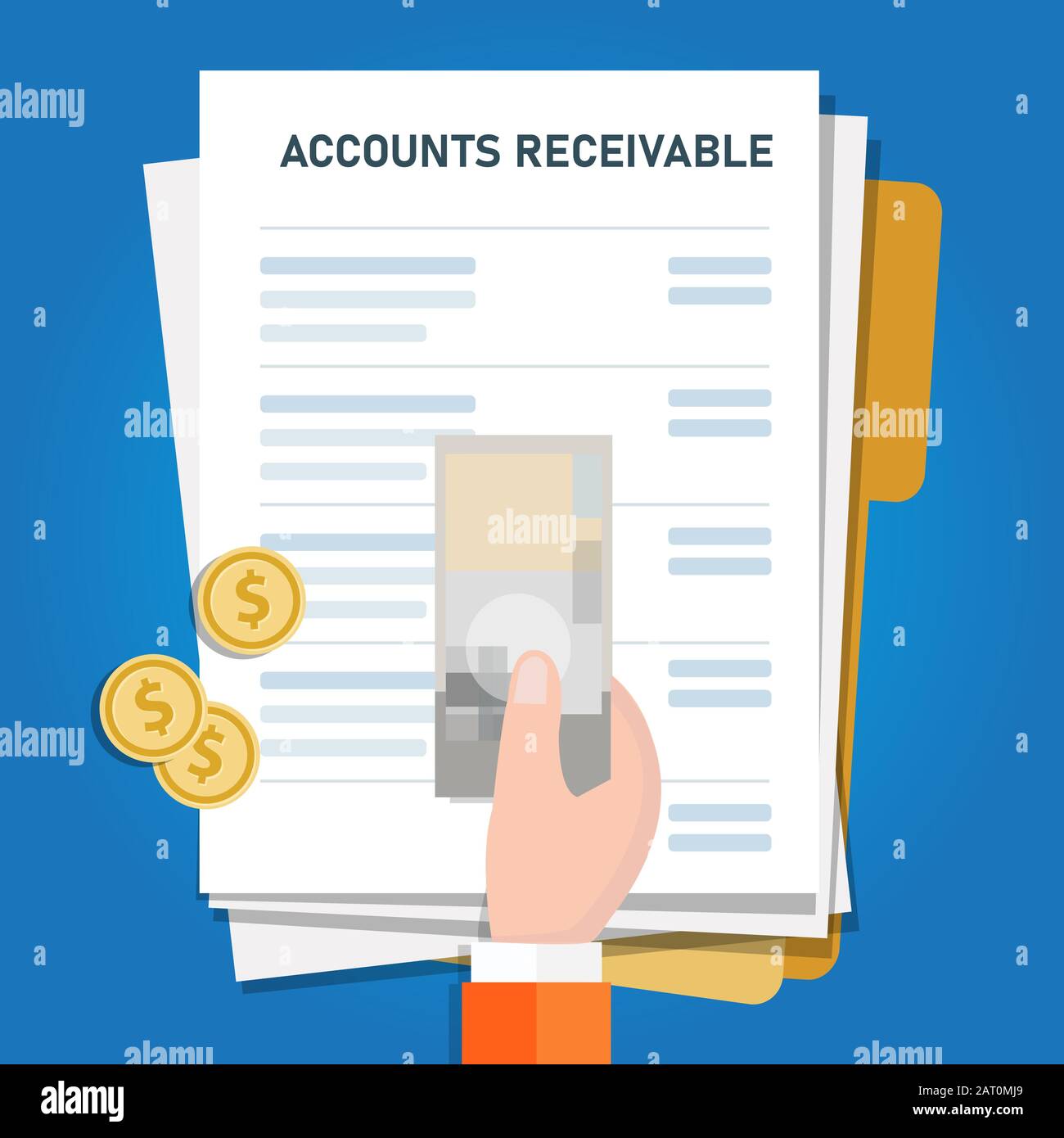 Accounts receivable money financial management in company, hand holding money on top of invoice for payment Stock Vector
