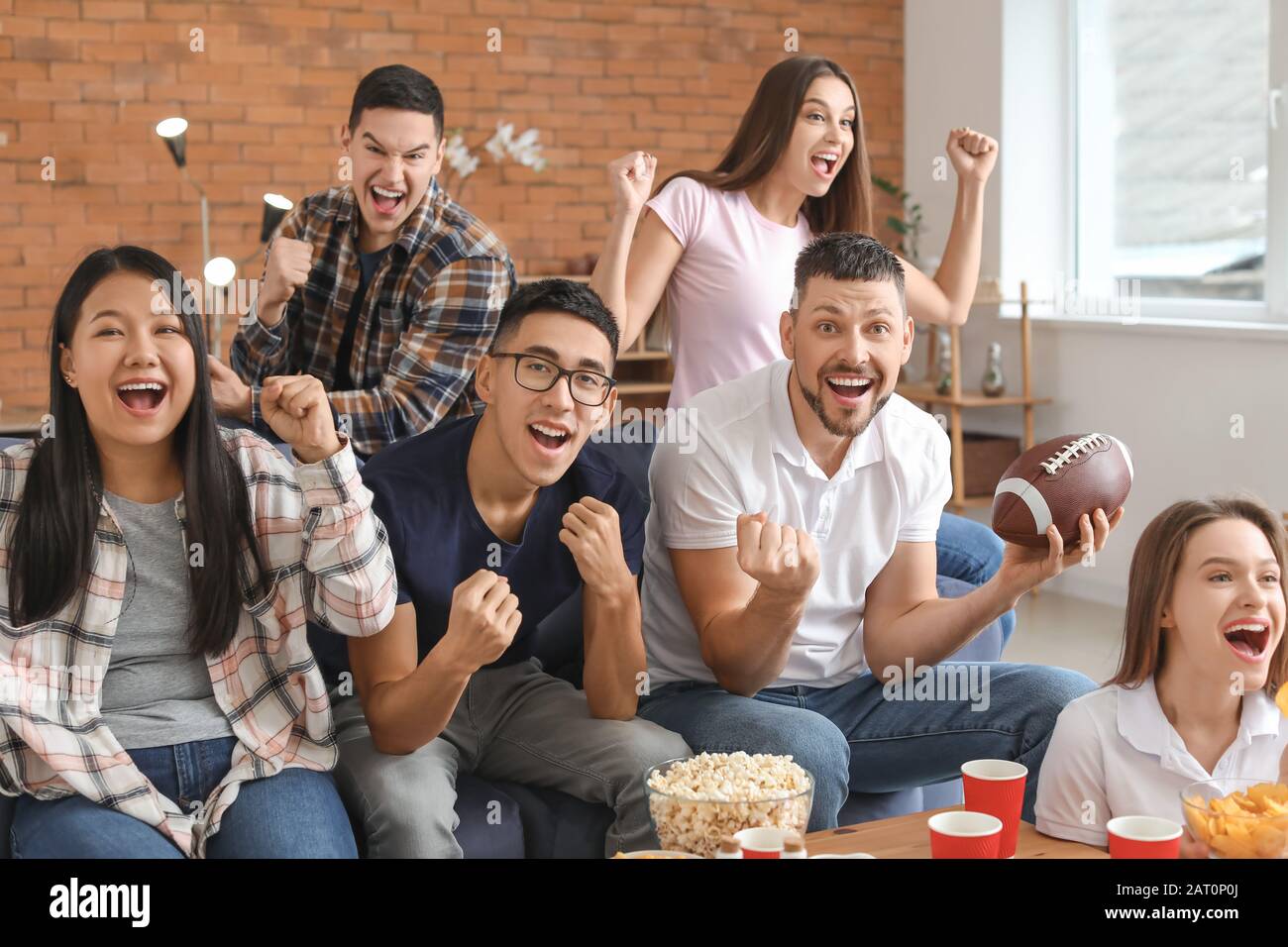 Group of fans watching rugby on TV Stock Photo Alamy
