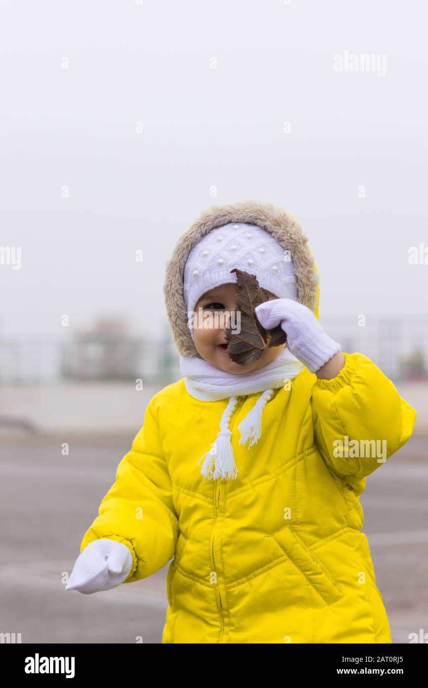 A cute girl in a yellow winter jacket holding a big brown leaf in front of her face outdoor on a foggy day. Stock Photo